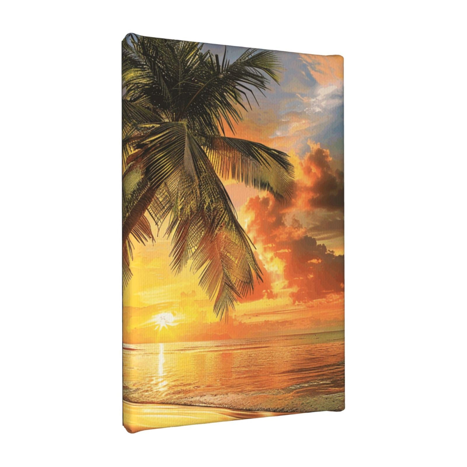 YKLJG Tropical Beach Palm Tree Sunset Printed Wall Art Canvas Painting 20x30 CM Wooden Framed Picture Painting Artwork Prints for Bedroom Kitchen Home Office Decor