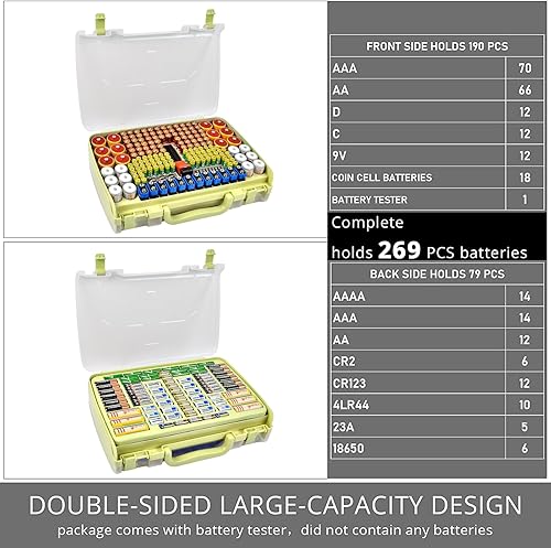 Miniatura 3 de Caja organizadora de baterías con probador, paquete variado de 269 baterías de doble cara, soporta pilas AA AAA 4A C D de 9 V y 3 V de litio LR44