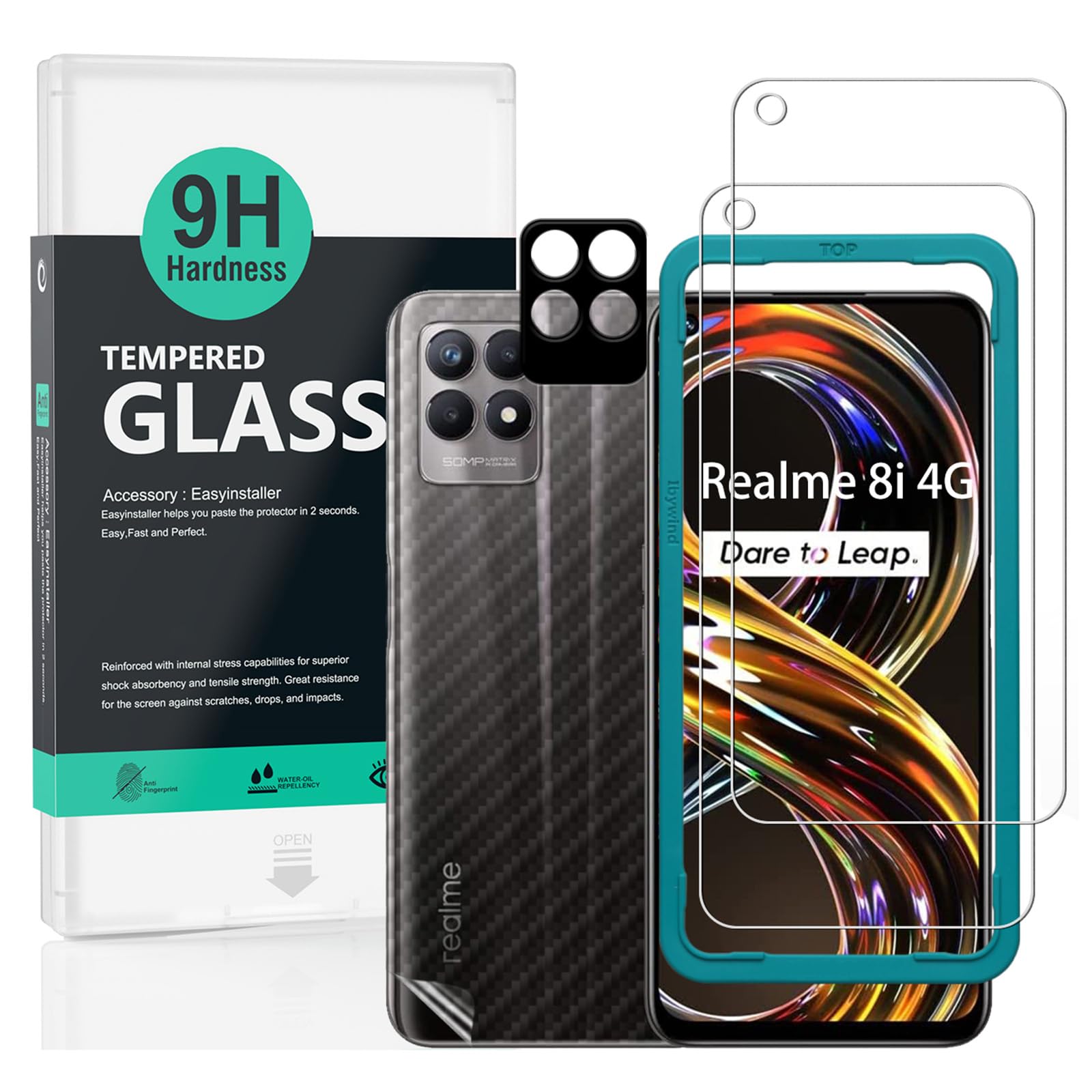 IbywindScreen Protector (2 Pack) For Realme 8i 4G/Realme Narzo 50 4G,9H Hardness Tempered Glass,With 1Pc Metal Camera Lens Protector,1Pc Back Protector,Easy to Install
