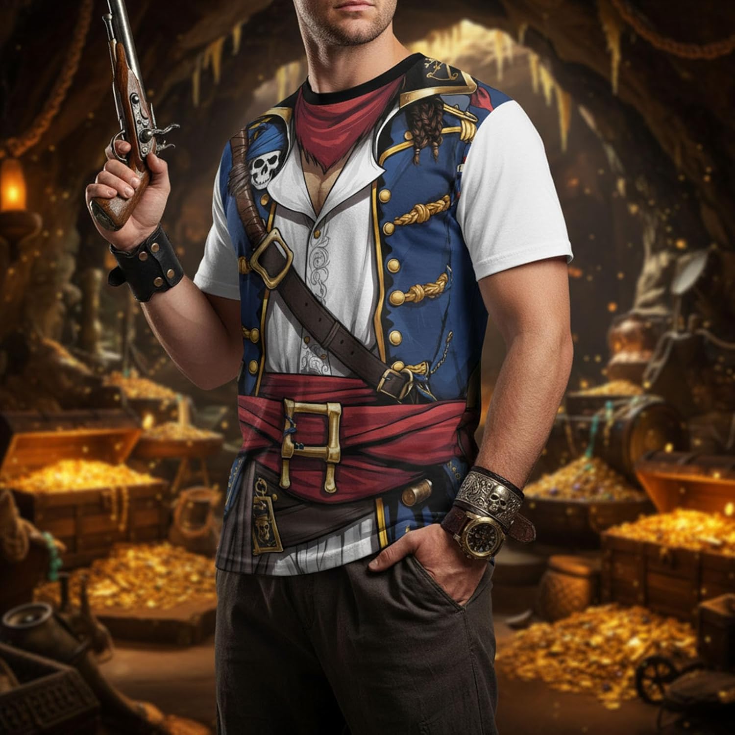 THE PIRATE KING Anime Pirate Captain Tee Tuxedo T-Shirt Funny Cosplay Costume Tee Crewneck Short Sleeve Casual Top Unisex - Image 3