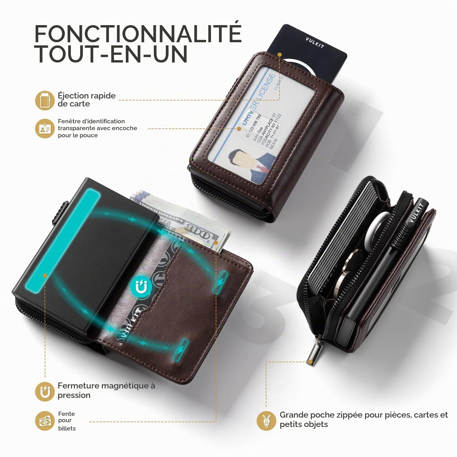 VULKIT Porte-cartes à grande capacité pour homme, blocage RFID, porte-monnaie métallique pop-up, espace pour 15+ cartes, compartiment pour billets, fenêtre pour pièce d'identité, poche à monnaie avec