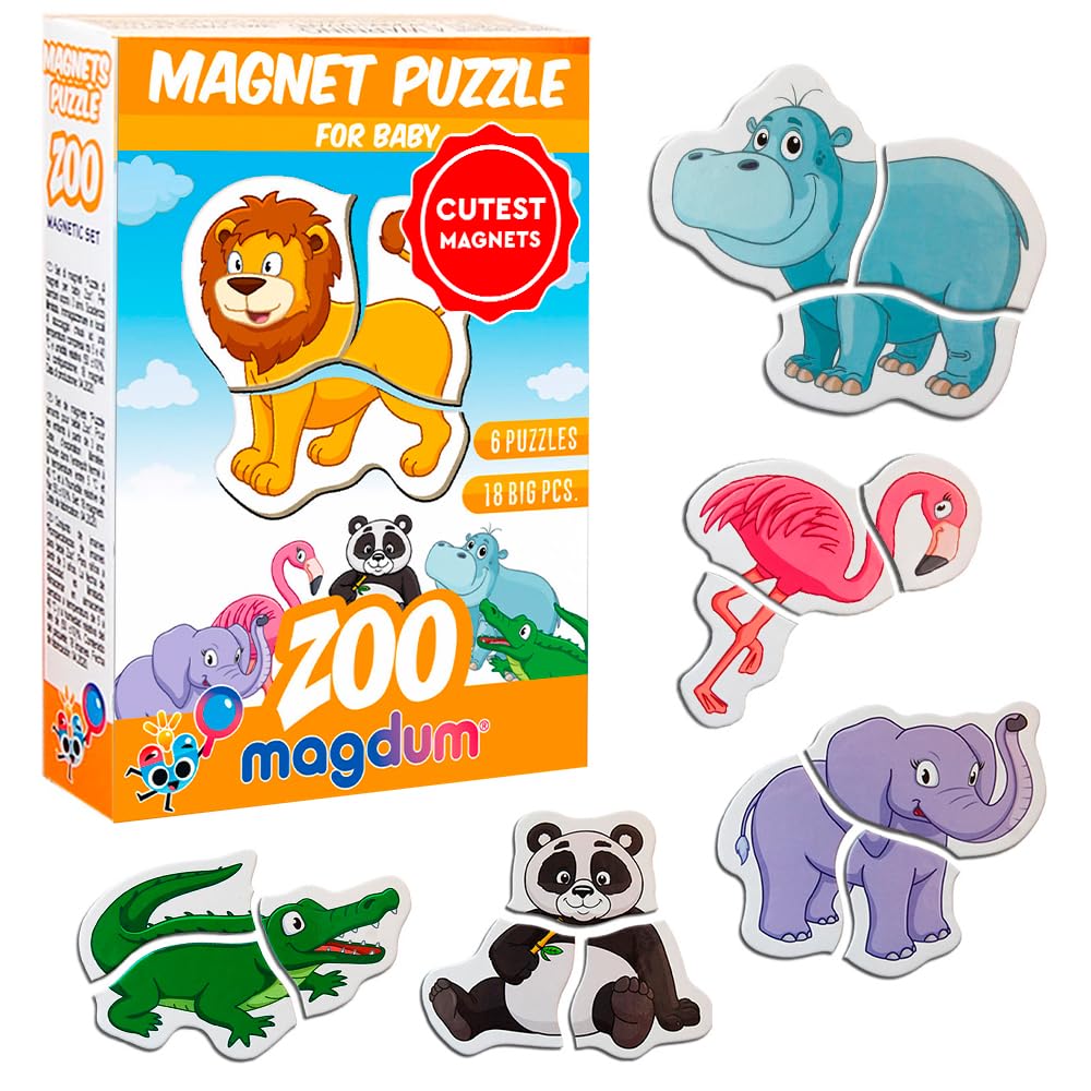 MAGDUM Zoo Magnetic Puzzles for Kids - 5 Big Magnetic Animals for Baby - Travel Toys for for Toddlers - Magnet for Refrigerator - Travel Games - Baby