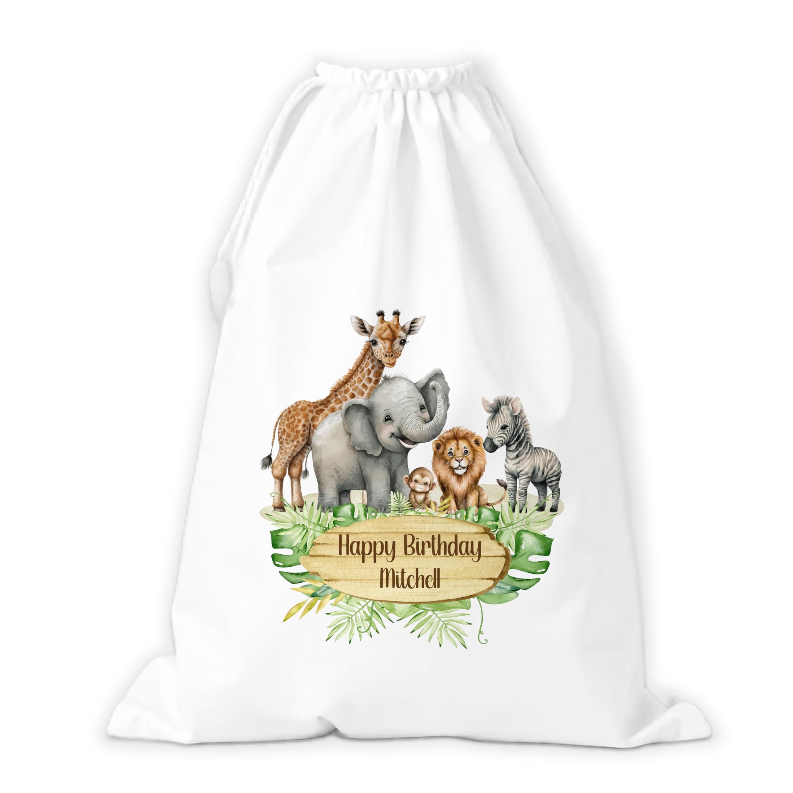 Personalised Birthday Sack. Safari | Gift Sack | Drawstring Gift Bag | Reusable | Small or Large | 1st Birthday, 2nd, 3rd, 4th. Cute Custom Present Wrap