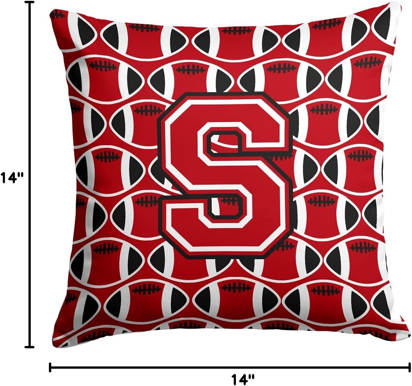 Caroline's Treasures CJ1073-SPW1414 Letter S Football Red, Black and White Fabric Decorative Pillow 100% Machine Washable Pillow, Indoor or Outdoor Decorative Throw Pillow for Couch, Bed or Patio