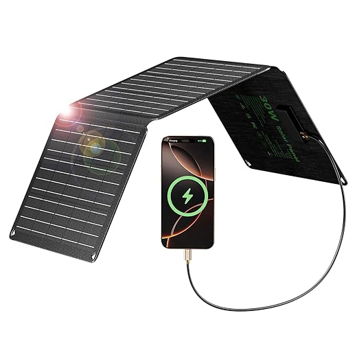 30W Solarpanel Faltbar mit 3 Ports (USB-C+USB-A+DC), IP67 Wasserdichtes Tragbares Solar-Ladegerät, Handy Solar Panel Im Freien, Camping Ladegerät für Smartphone, Mobile Powerbank und mehr