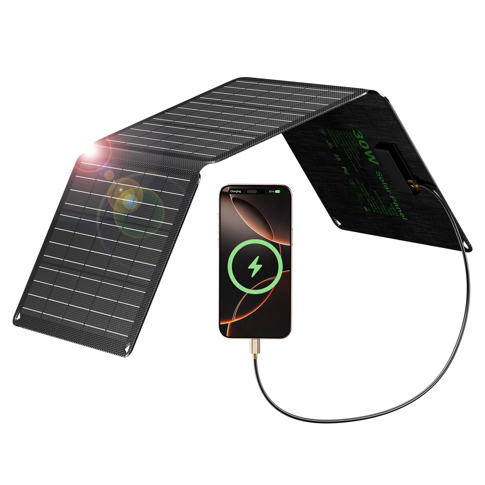 LIONSHEE 30W Solarpanel Faltbar mit 3 Ports (USB-C+USB-A+DC), IP67 Wasserdichtes Tragbares Solar-Ladegerät, Handy Solar Panel Im Freien, Camping Ladegerät für Smartphone, Mobile Powerbank und mehr