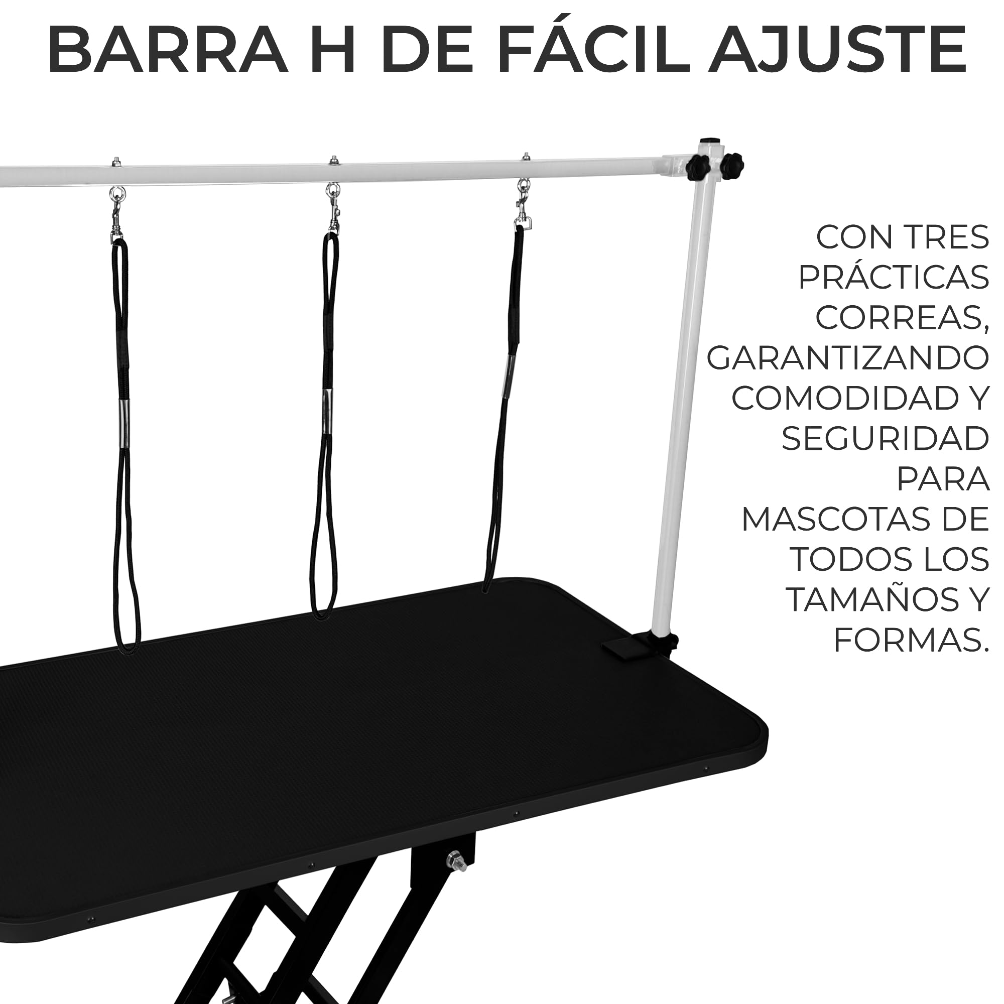Mesa de Aseo Hidráulica Altura Ajustable Capacidad de 180kg Amplia Superficie de Goma 106cm x 61cm Resistente Estructura de Acero 4 Patas Estables Adaptables 3 Lazos para Sujeción [Negro]