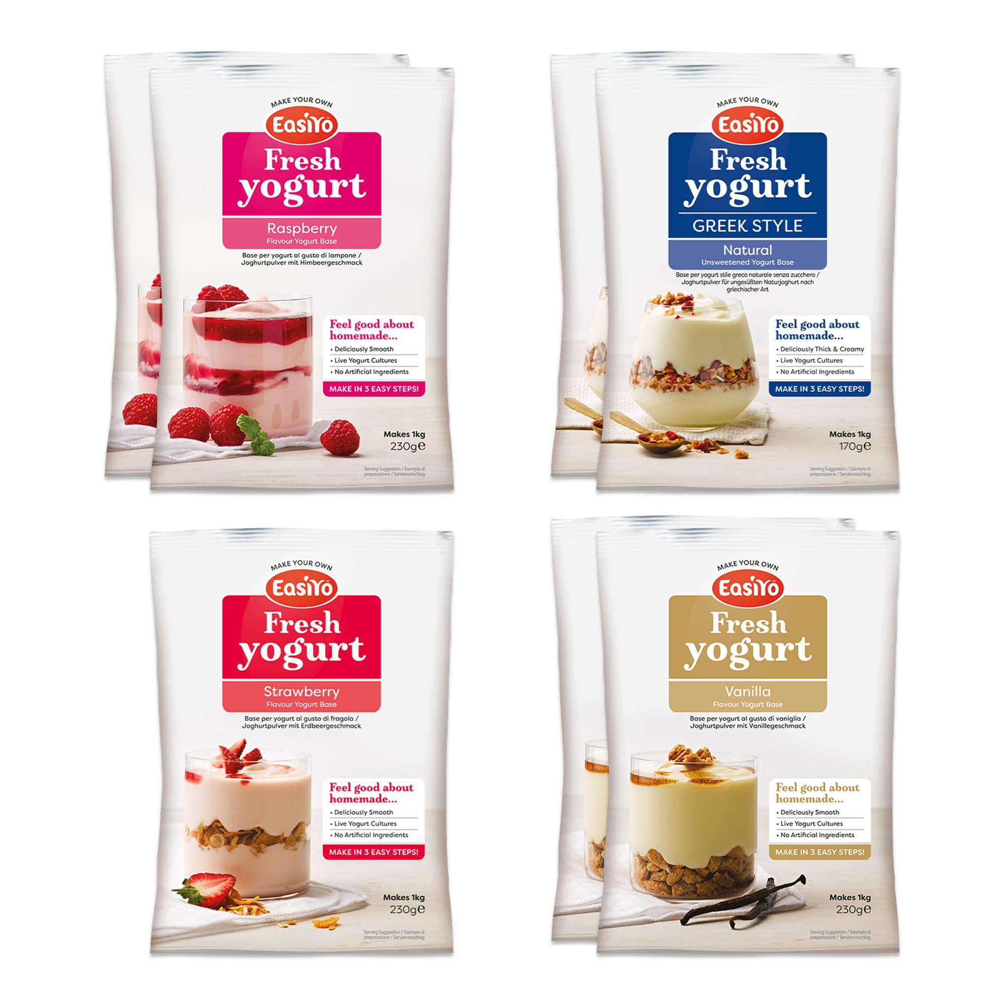 EasiYo Yogurt 7 Sachet Pack | EasiYo Mixed Pack | 2 x Vanilla 2 x Greek Style Natural 2 x Rasberry 1 x Strawberry | Each Sachet Makes 1kg of Yogurt