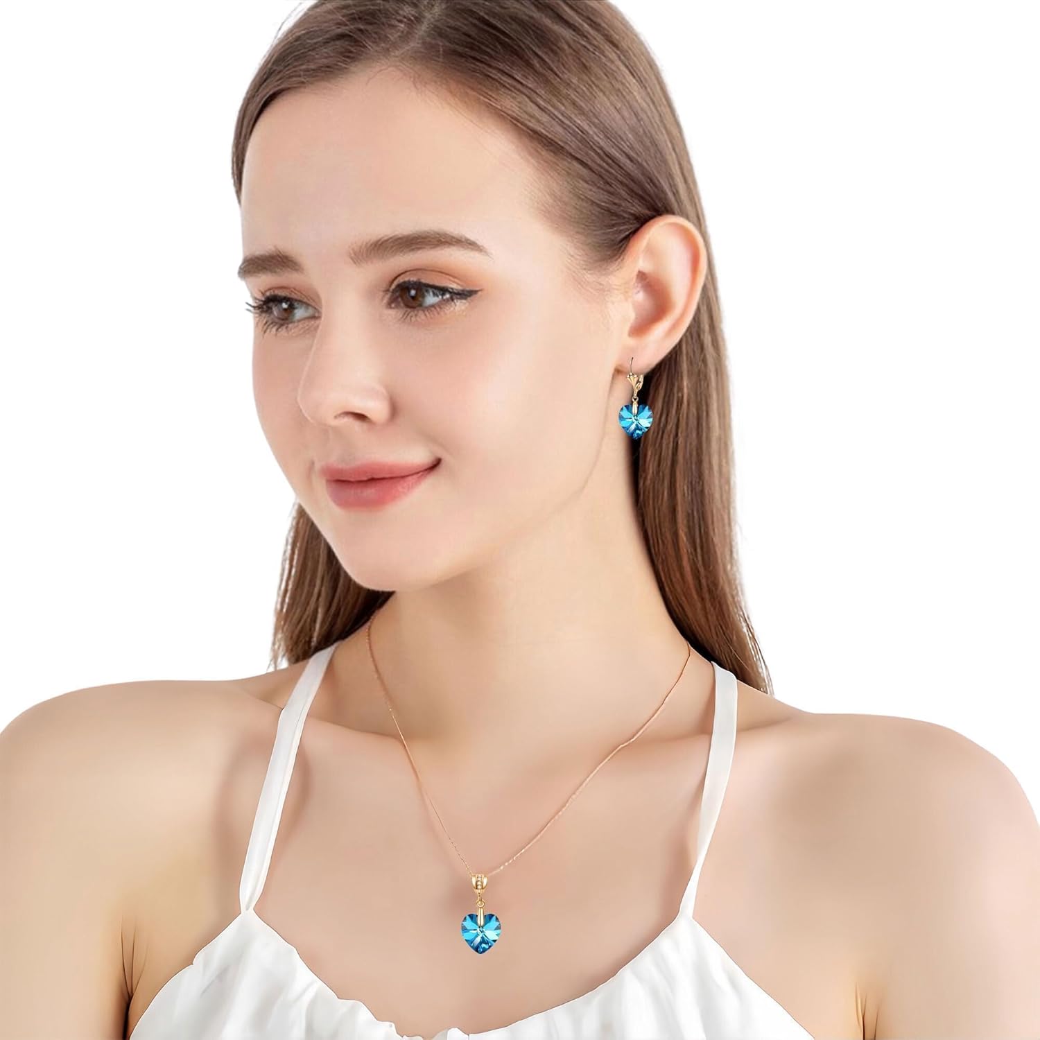 EVEVIC Austrian Crystals Heart Pendant Necklace Earrings for Women 14K Gold Plated Hypoallergenic Leverback Drop Dangle Earring Jewelry Set - Image 2