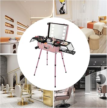 Aluminum Trolley Rolling Makeup with 3 Colors Led Light Mirror Professional Cosmetic Travel Box Portable Vanity Cosmetology Case On Wheels Nail Salon Beauty Vanity Pink