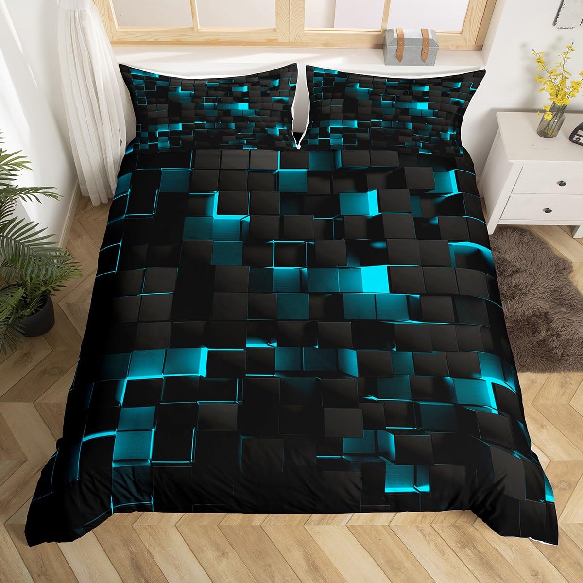 Teal And Black Bedding Sets King,Neon Turquoise Geometric Check Comforter Cover For Kids Boys Girls Adults Stereoscopic Abstract Plaid Grids Duvet Cover Square Quilt Cover