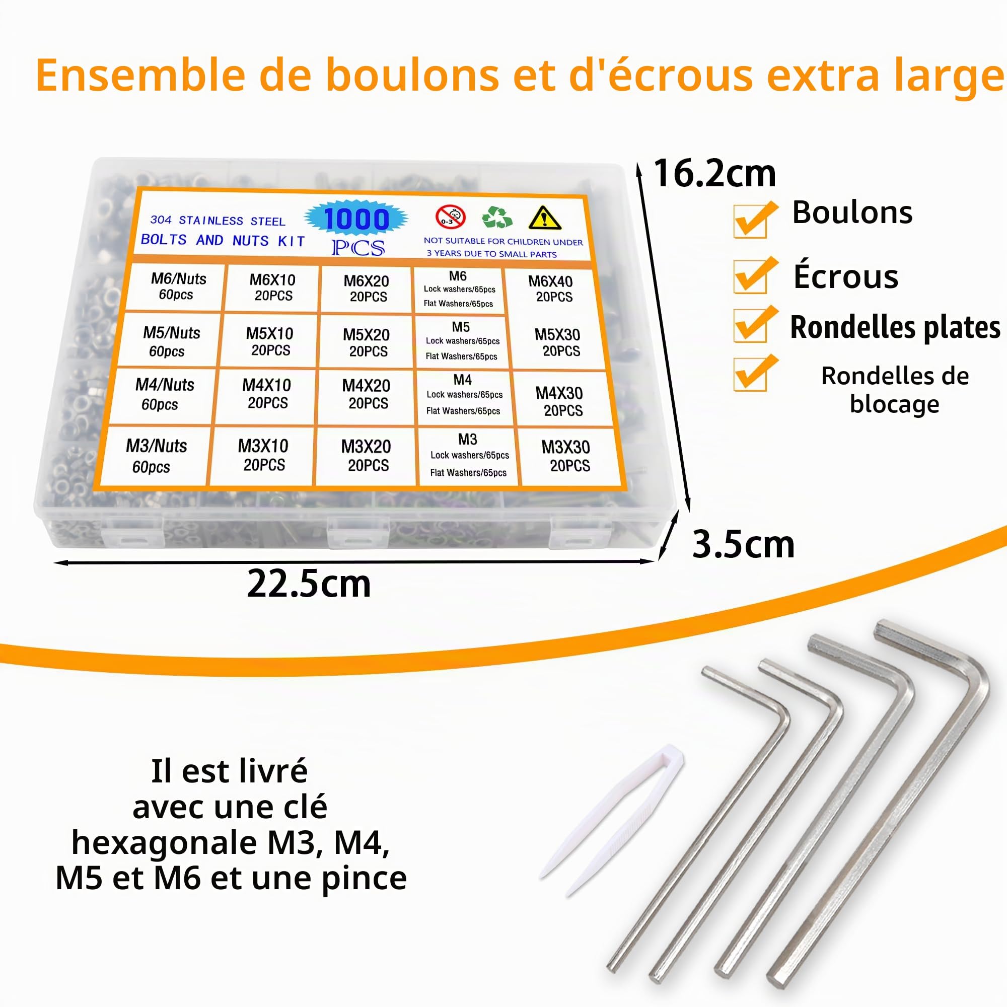 M3 M4 M5 M6 Vis et Écrous 1000pcs Acier Inoxydable 304 Boulon et Écrous Rondelles Cylindrique Vis Six Pans Creux Assortiment Kit Bricolage Atelier Garage Réparation
