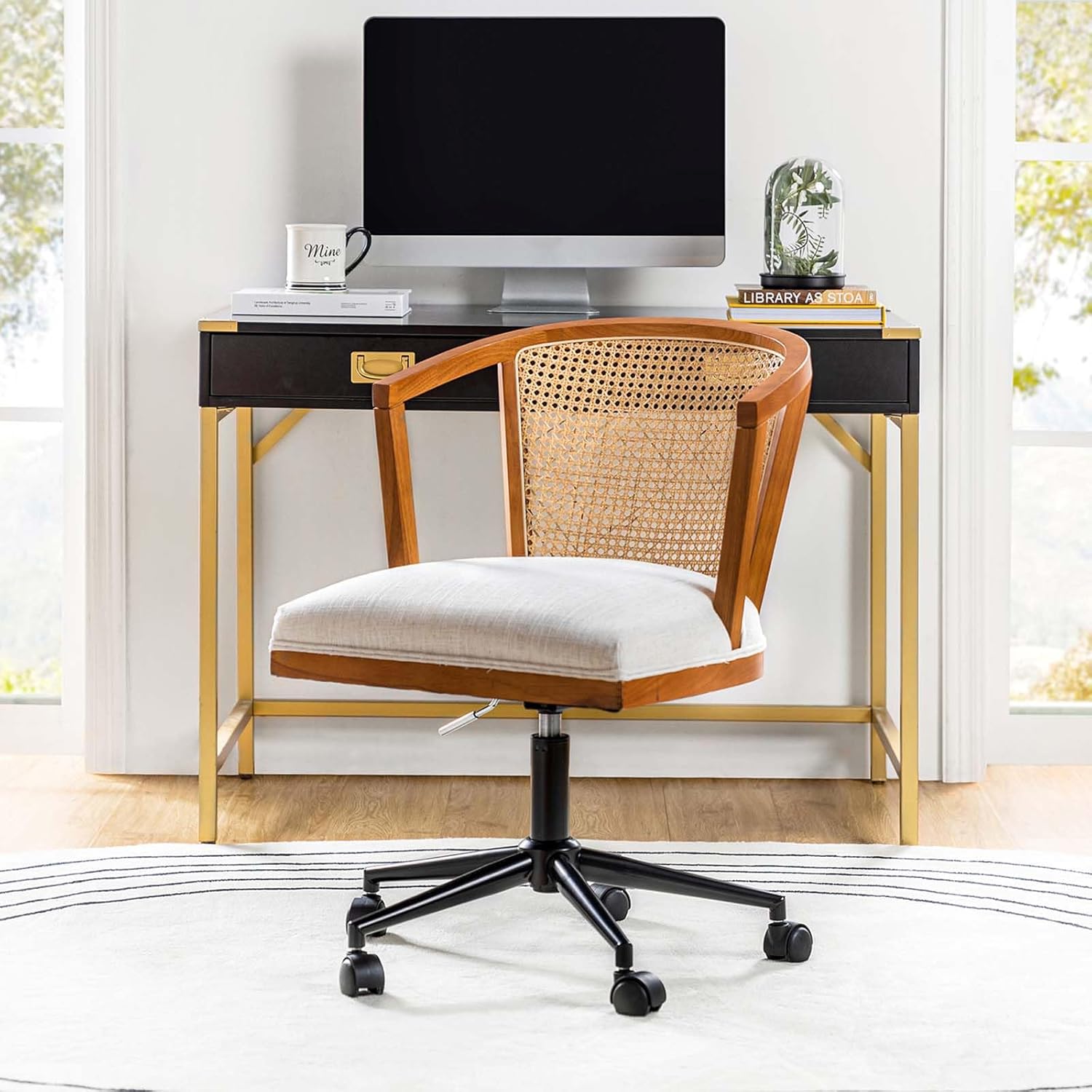 HULALA HOME Rattan Desk Chair, Upholstered Home Office