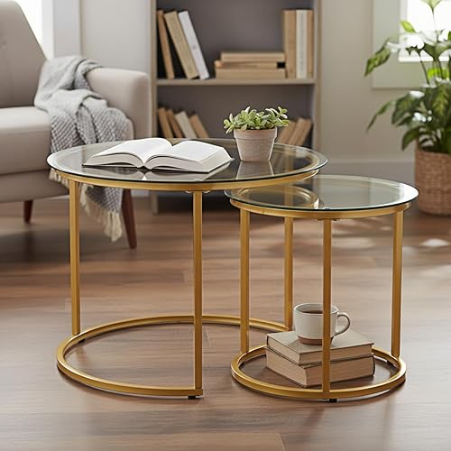 Miniatura 8 de Juego de 2 mesas de centro redondas anidadas, modernas mesas anidables de vidrio, mesa auxiliar minimalista apilable para sala de estar, dormitorio,