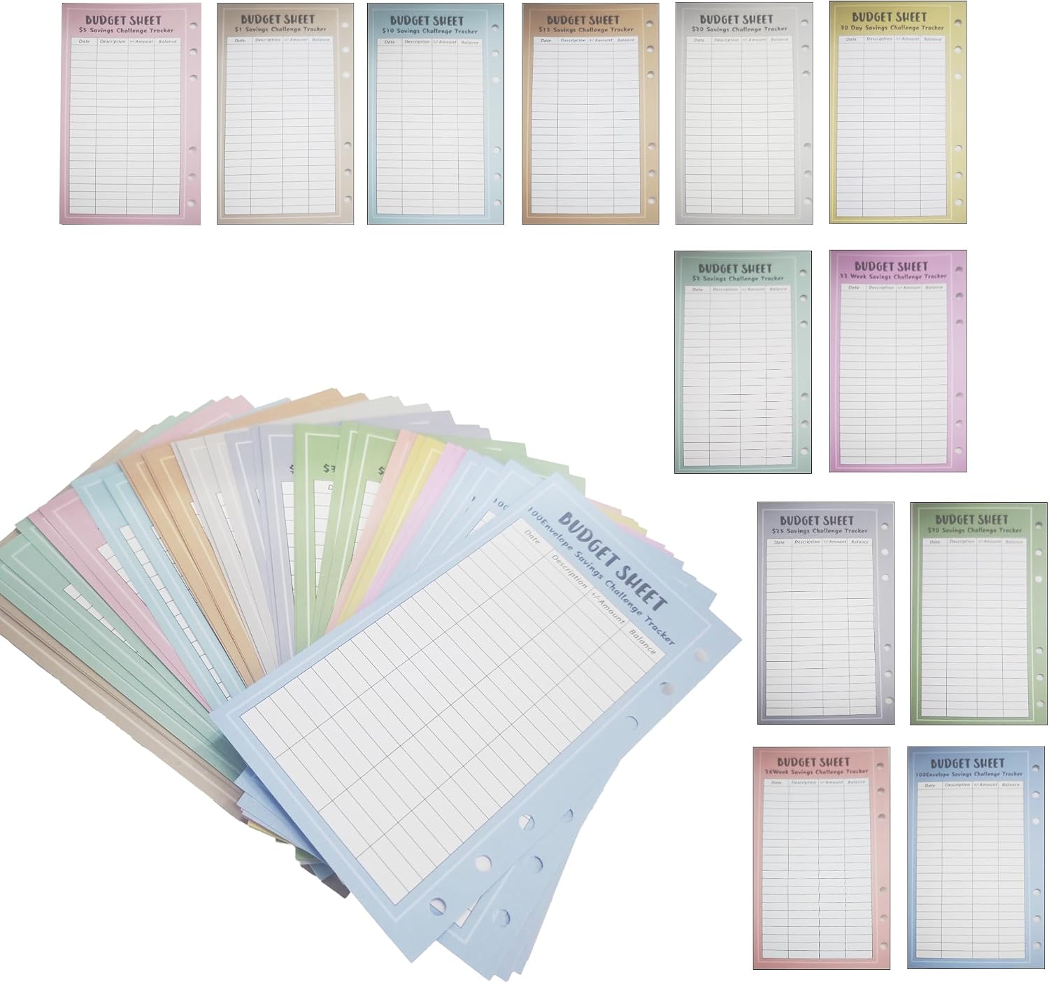 48 Sheets Money Saving Challenge Binder Trackers, Reusable Budget Sheets for 6 Ring A6 Planners, Cash Savings Tracker Cards for Financial Goals, Expense Planning Inserts