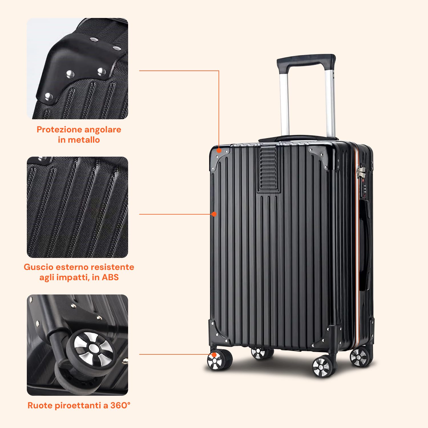 Avilia Set 3 Valigie in ABS e 4 Ruote Piroettanti - i Trolley Includono Sacca a Rete, Elastico Ferma Indumenti e Cerniera Singola - Valigie con 3 Diverse Altezze 55/66/76cm, Nero