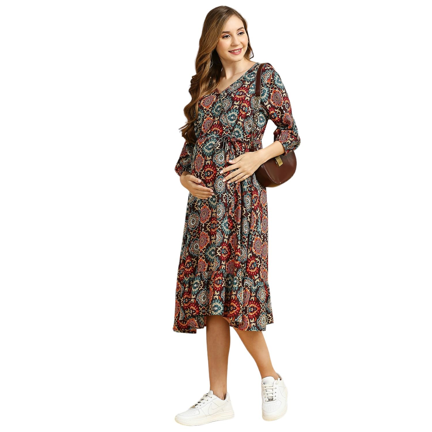 Women's Rayon Maternity Dress/Western Dress with Zippers for Nursing Pre and Post Pregnancy (Multicolor ; Large)