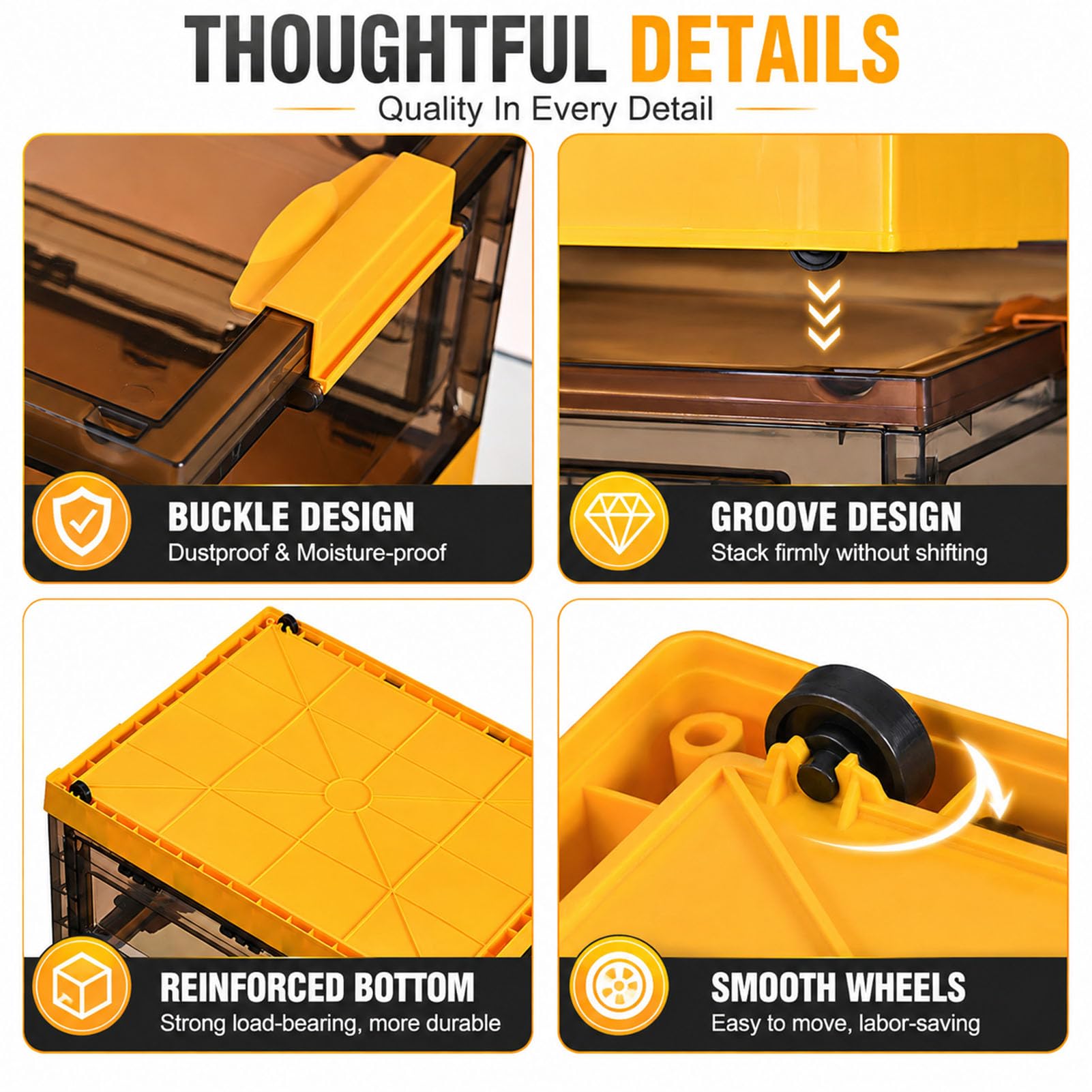 Caisse de Rangement Pliable et empilable avec Ouverture latérale, roulettes et Couvercle, boîte Transparente Gain de Place pour Livres, vêtements et Jouets,Orange,XL