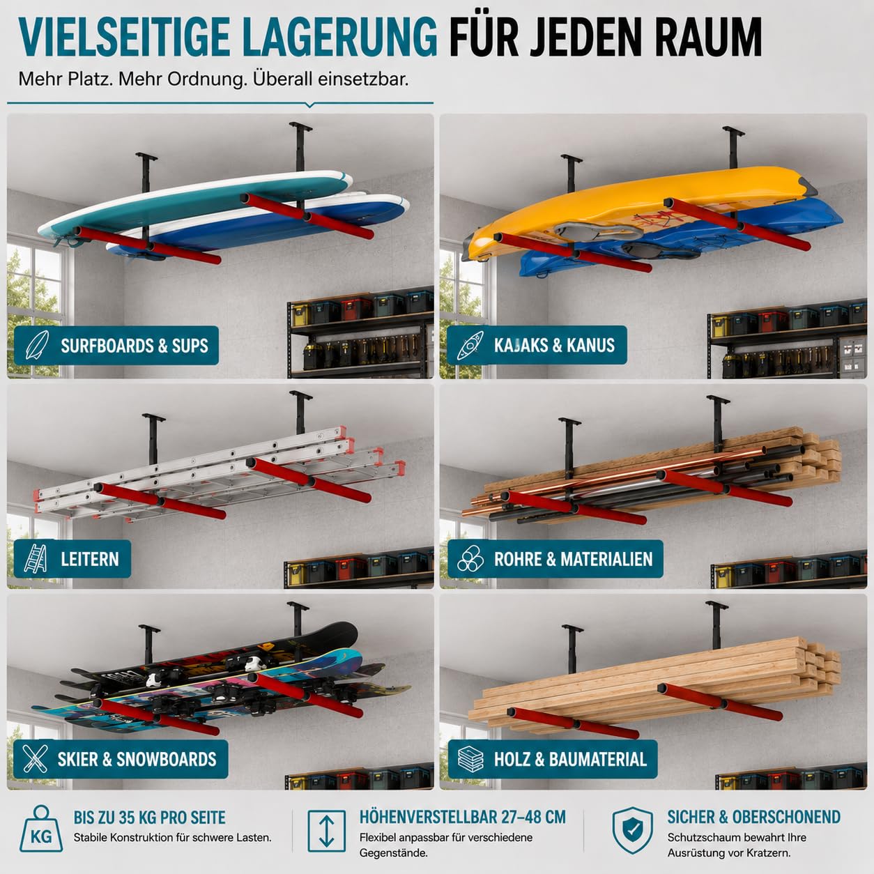 QLS Lot de 2 étagères suspendues pour plafond ou kayak, planche de surf, rangement d'outils