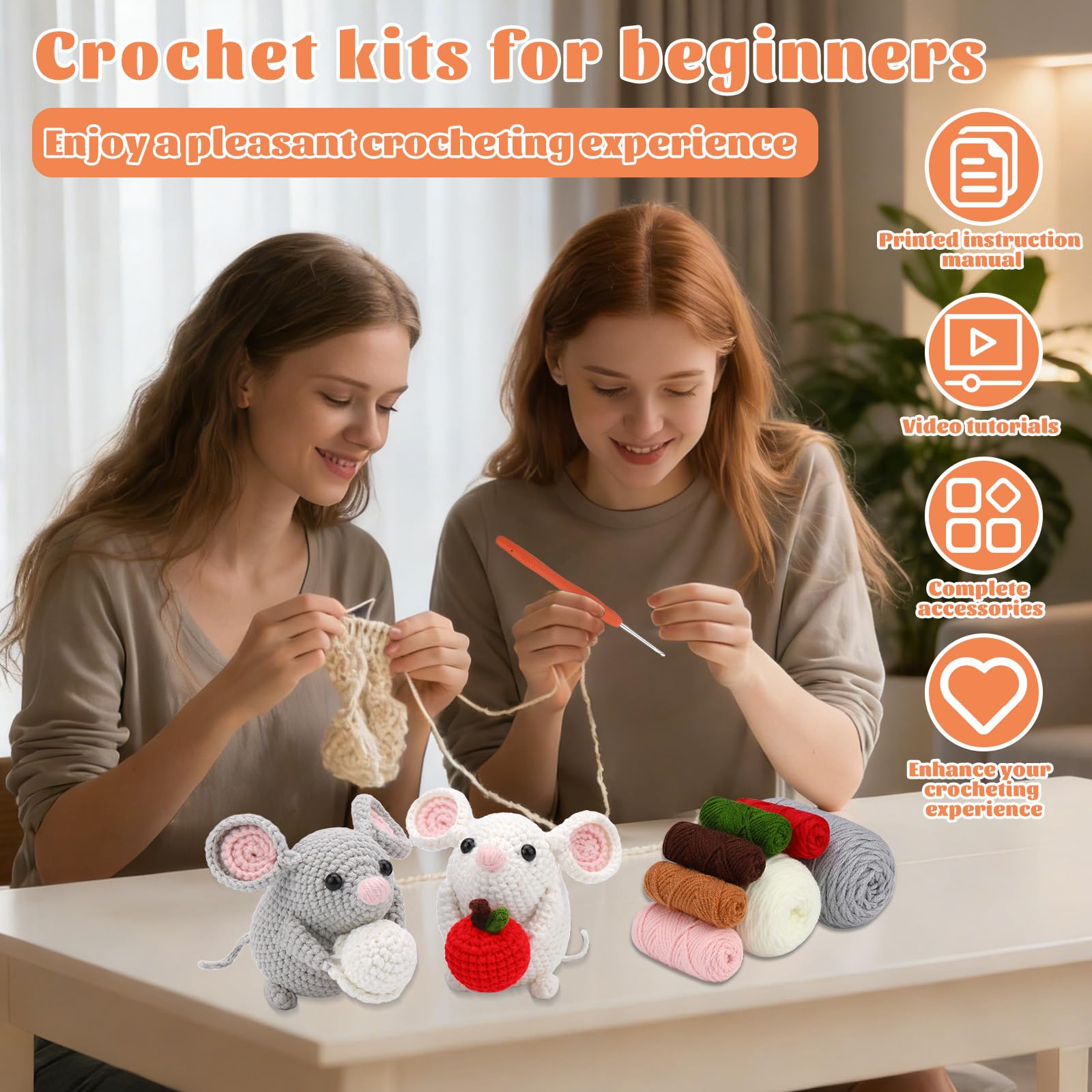 Kogyxe Kit de ganchillo para principiantes, kits de animales de ganchillo Amigurumi con tutoriales de video paso a paso, kit de iniciación de ganchillo para adultos principiantes, 2 familias de