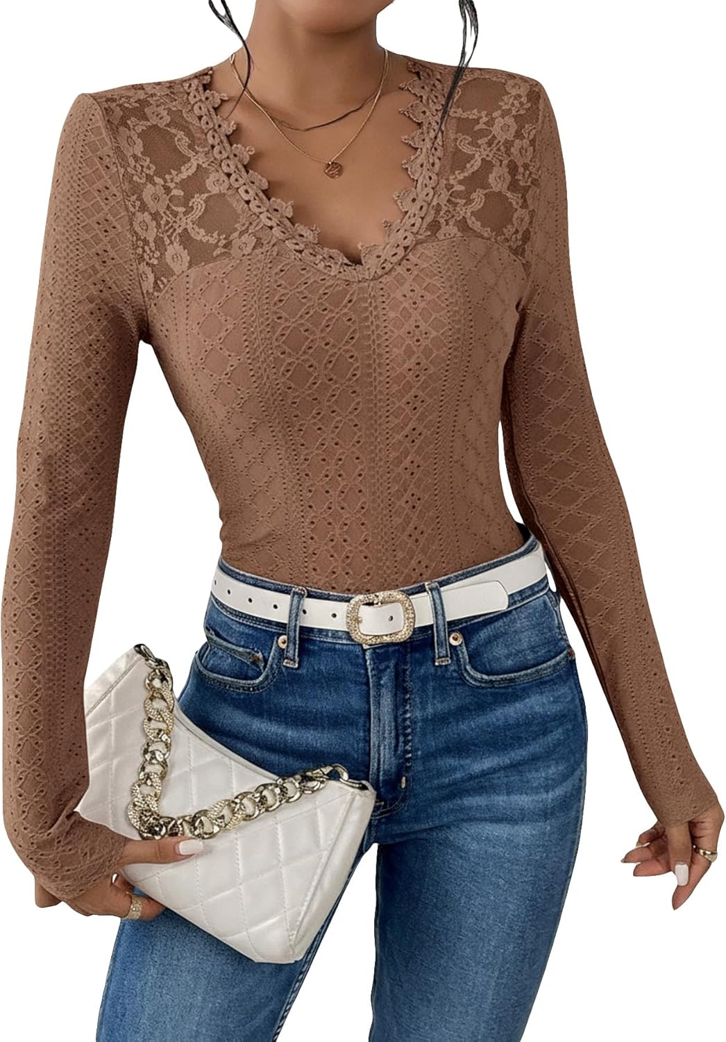 SOLY HUX Women's Lace Trim Tee Shirt Long Sleeve Eyelet Tops Casual V Neck Slim Fit Shirts Fall Outfit Clothes