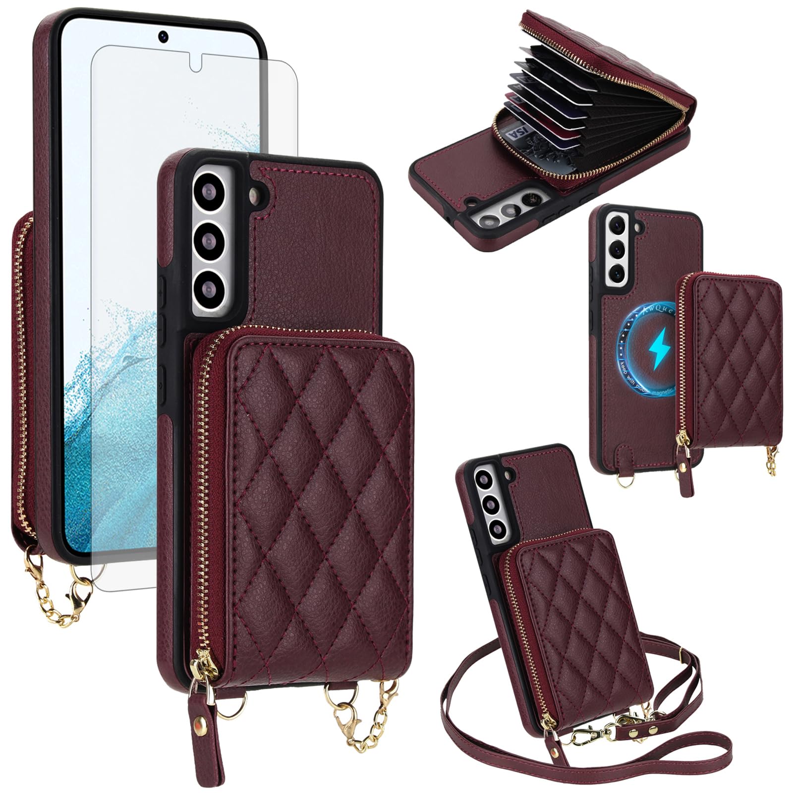 Custodia per Samsung Galaxy S22 Plus S22+5G 2 in 1 Custodia a portafoglio magnetica con pellicola protettiva per lo schermo, tracolla con blocco RFID, porta carte di credito S22+5G S22plus 22S + S 22