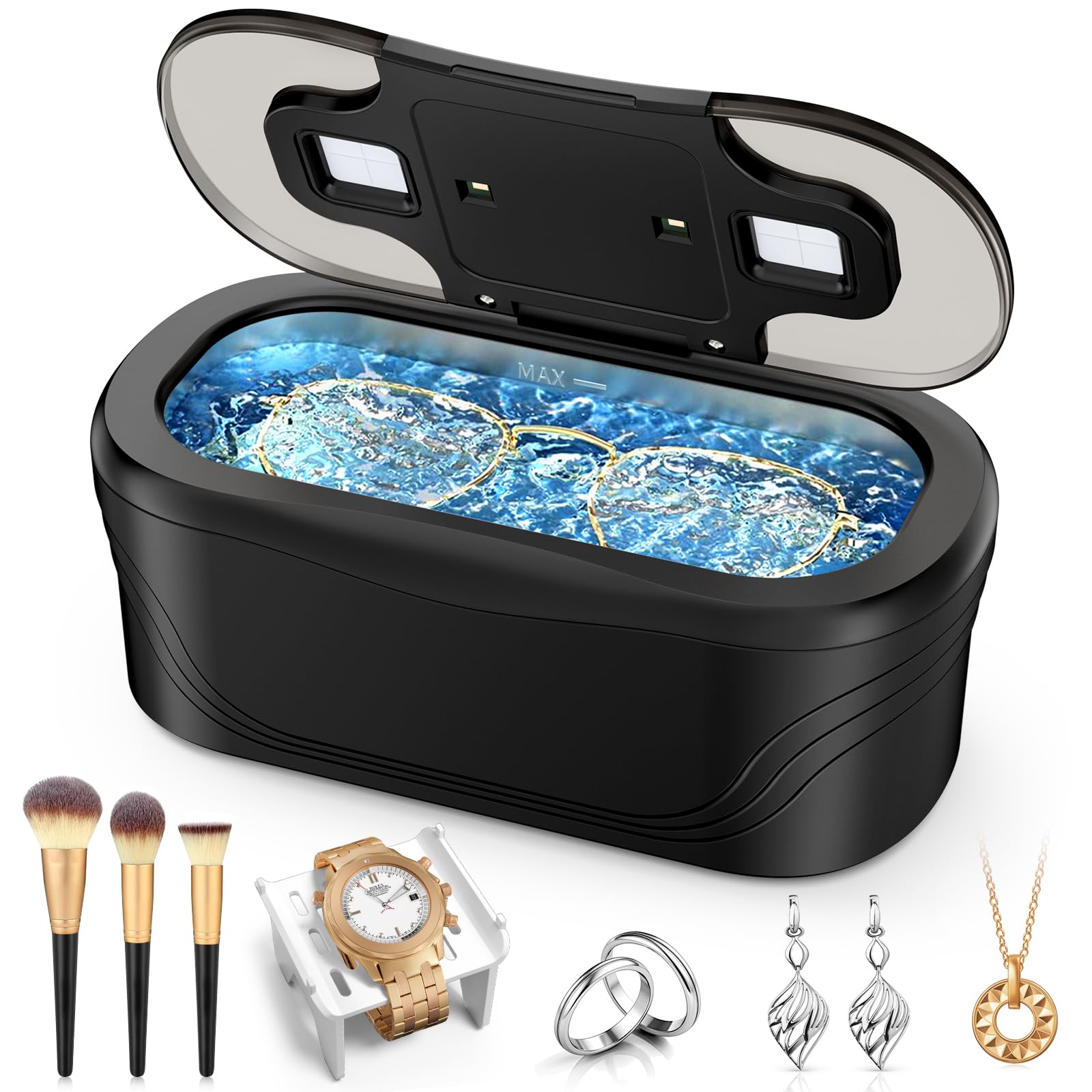 Limpiador ultrasónico, limpiador de joyas ultrasónico de 48 kHz para gafas, anillos, pulseras de reloj, collares, negro