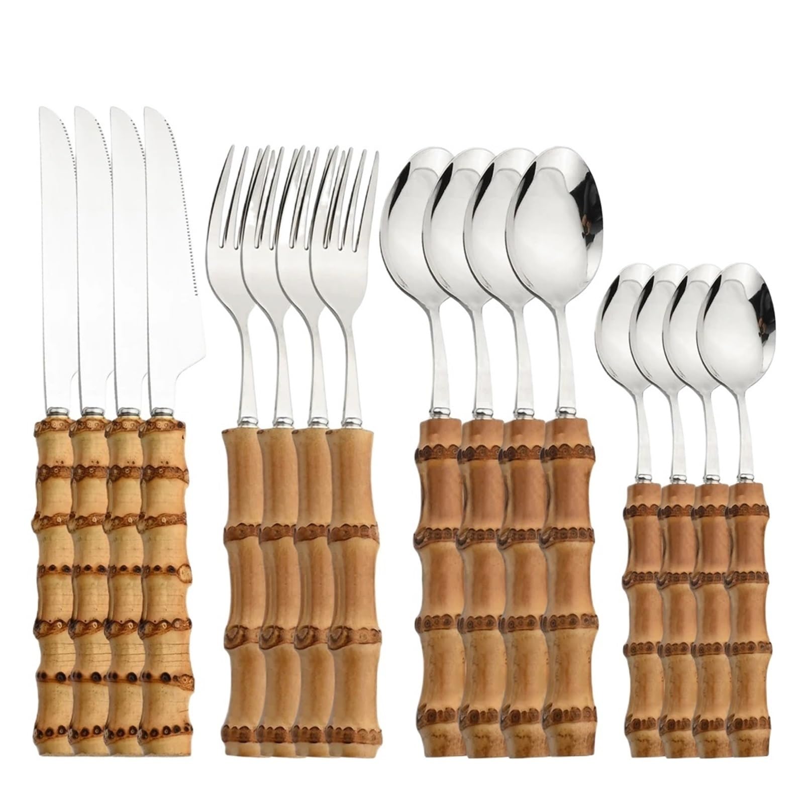 Set di posate, stoviglie in acciaio inossidabile da 16 pezzi con manico in bambù naturale, coltello, forchetta, cucchiaio(Silver 16Pcs)