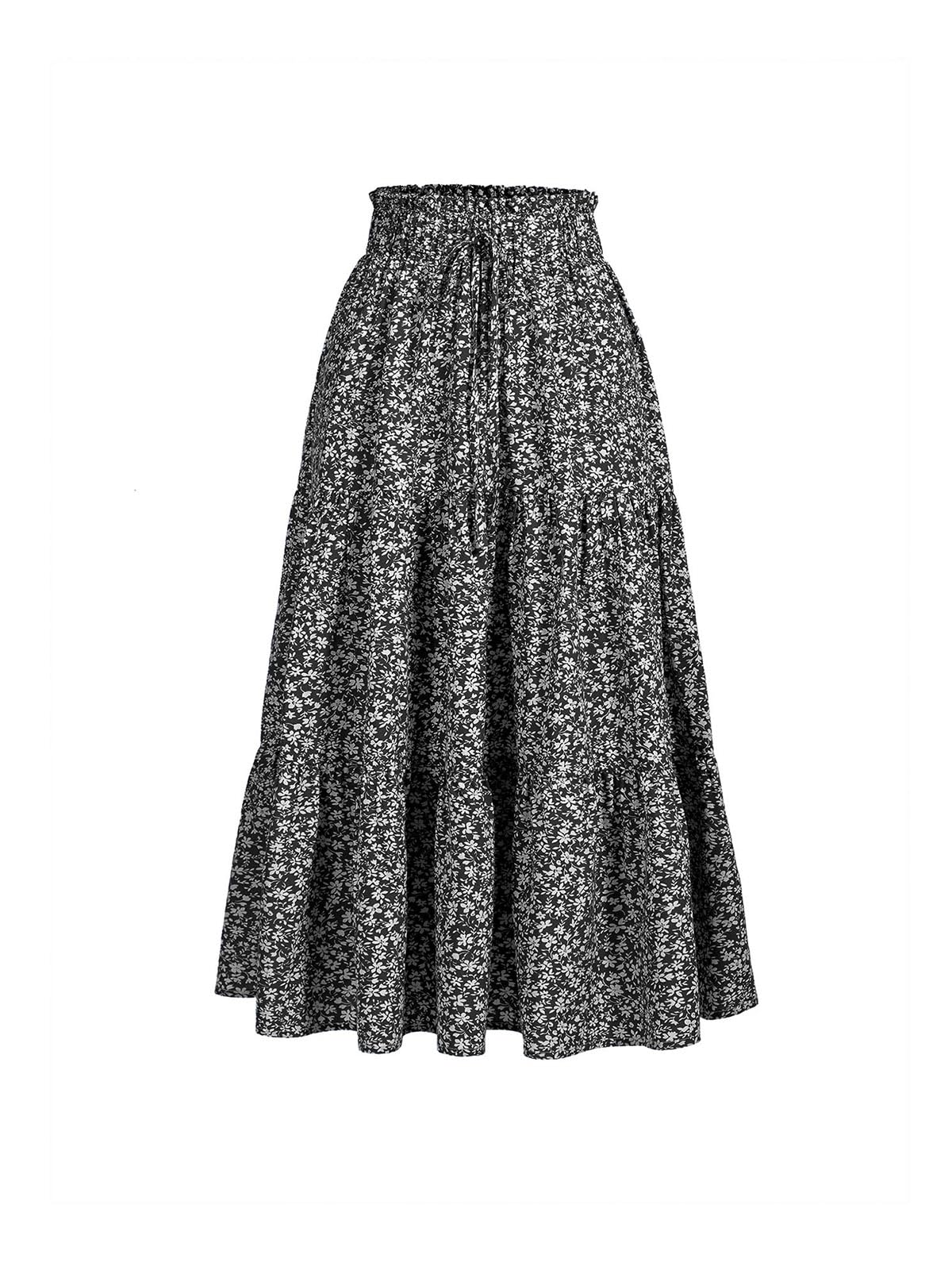 Women's High Elastic Waist Midi Skirt Casual Summer Trendy Tie Front Flowy Ruffle Floral Print A line Skirts 626