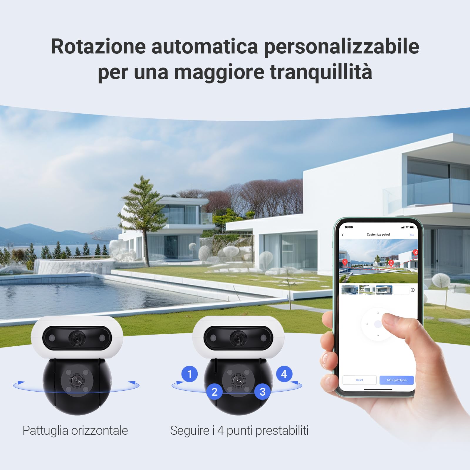 EZVIZ 8MP (4MP+4MP) Telecamera WiFi Esterno con Doppia Lente, Telecamera per Esterni a 360°, Visione Notturna a Colori, Rilevamento Persone/Veicoli, Audio Bidirezionale, Impermeabile, C90 Dual