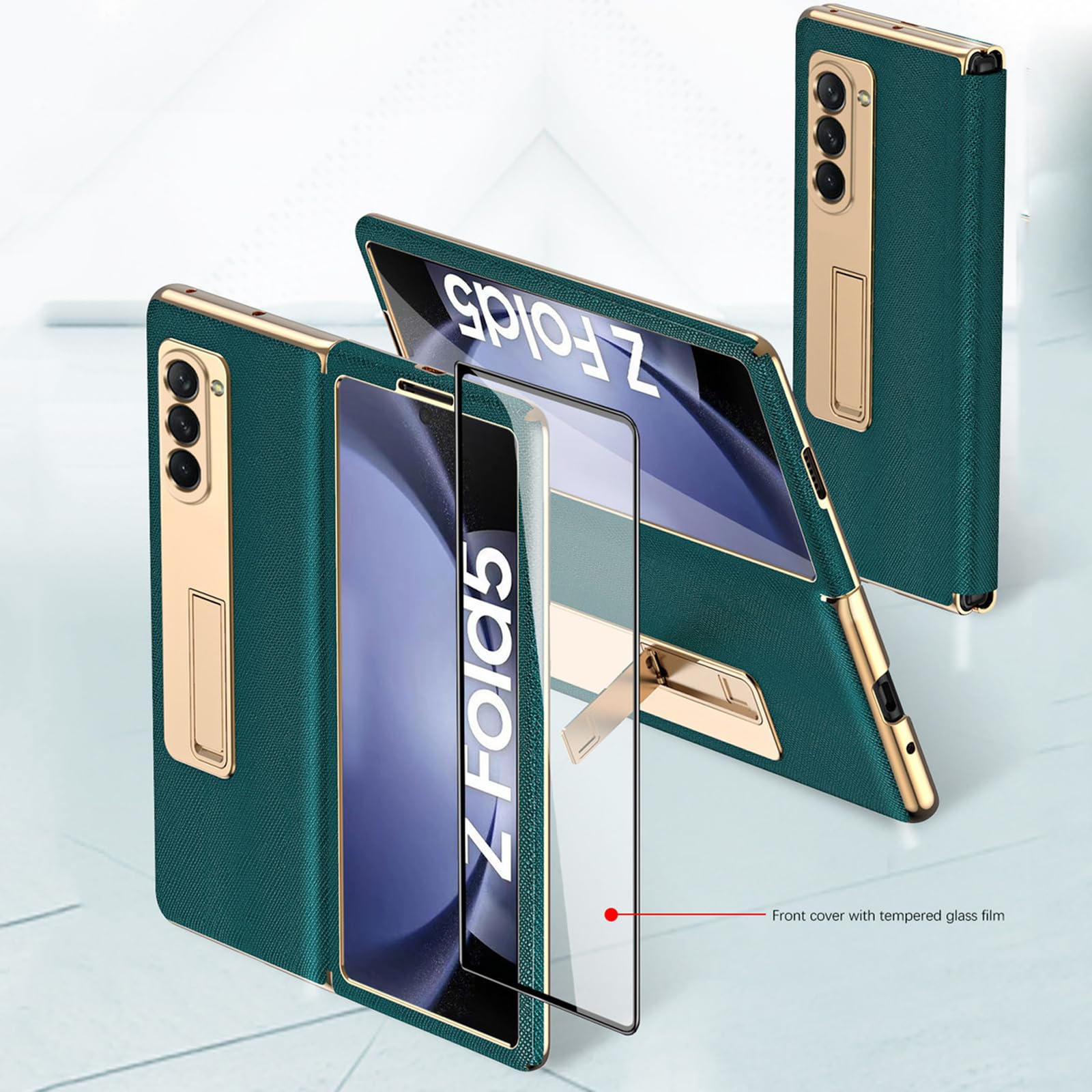 EKSED Custodia in Pelle per Samsung Galaxy Z Fold 5 5G 2023, Custodia elettrolitica con Protezione Completa del Corpo con Schermo in Vetro temperato e Supporto Nascosto Cover Antiurto