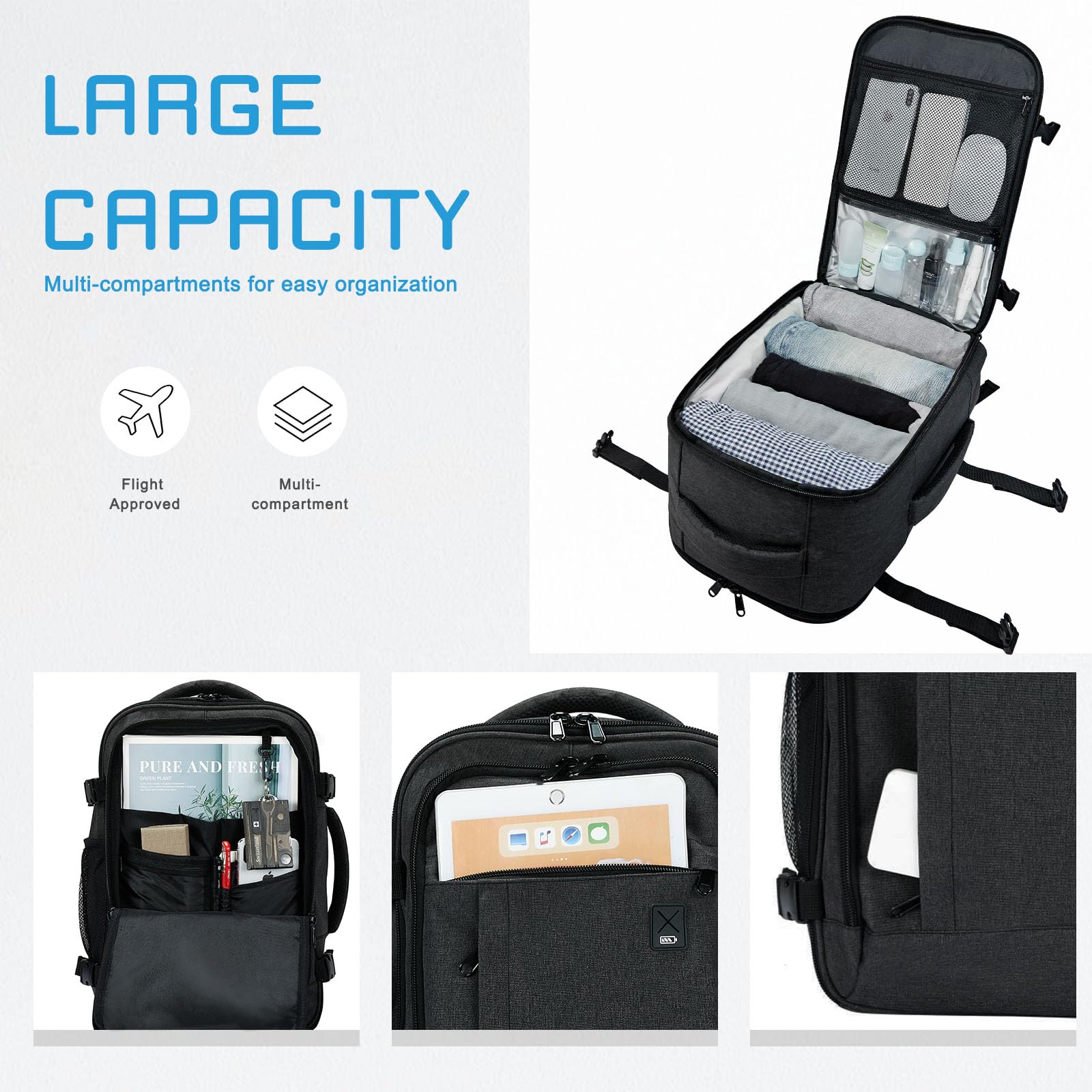 Vinstatin Ryanair - Zaino da viaggio da donna, 40 x 20 x 25,14 pollici, 20 l, impermeabile, con 4 tasche per vestiti, per vacanze, affari, escursioni, weekend, grigio scuro, 45x20x35(CM), Rucksack