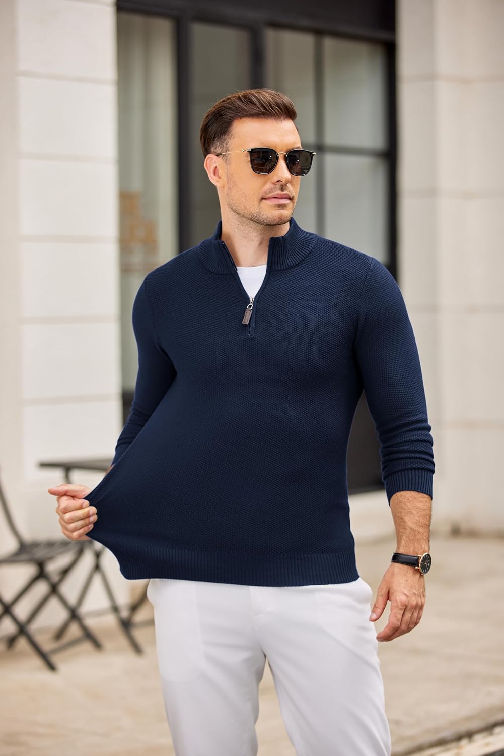 COOFANDY Men's Quarter Zip Pullover Sweater Slim Fit Knit Mock Neck Polo Sweaters