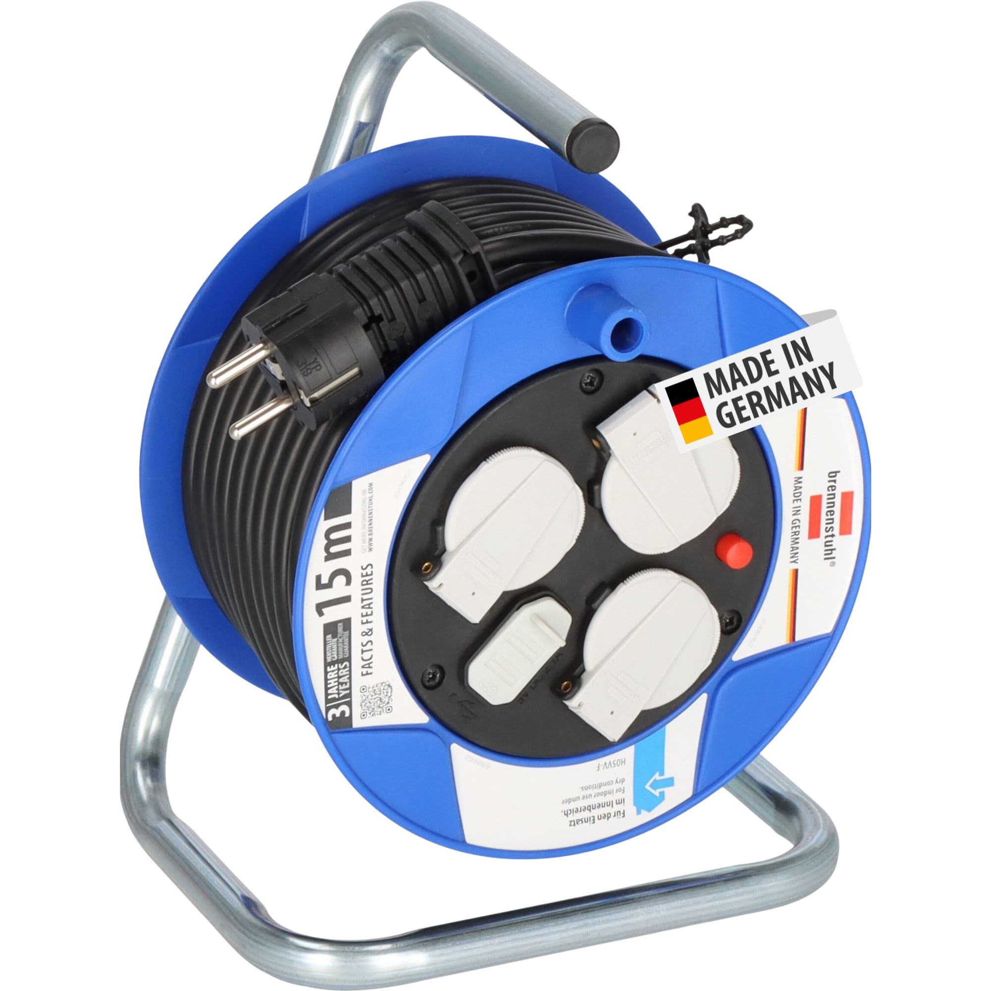 Brennenstuhl Garant Kompakt Kabeltrommel 3-fach mit USB (Kabeltrommel mit USB-Ladefunktion und 15m Kabel, Made in Germany) blau