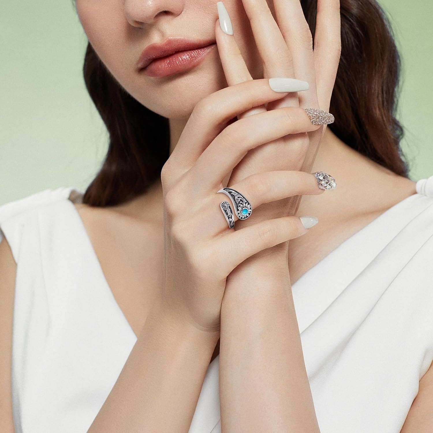 ONEFINITY Spoon Rings for Women 925 Sterling Silver Sun and Moon/Cardinal/Bee/Dragonfly/Mother Daughter/Horseshoe/Mushroom Adjustable Thumb Spoon Rings Boho Vintage Jewelry Gifts for Women