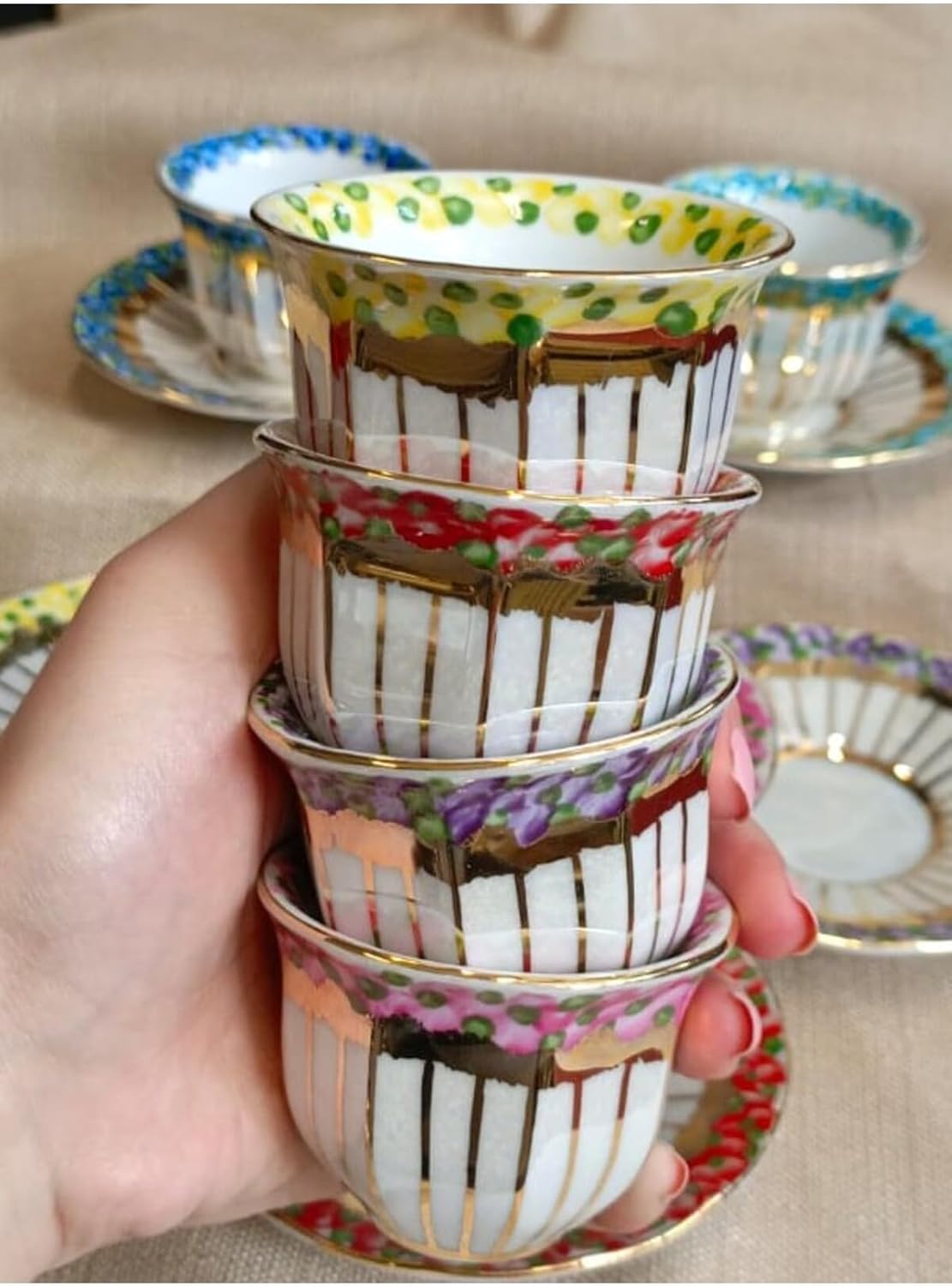 SODEF Espresso Cup Set, 18-Piece Porcelain Demitasse Set, Multicolor Hand-Painted Turkish Coffee Cups for 6, 2 fl oz, Modern Design, Hand Wash Only - Multicolor, One Size