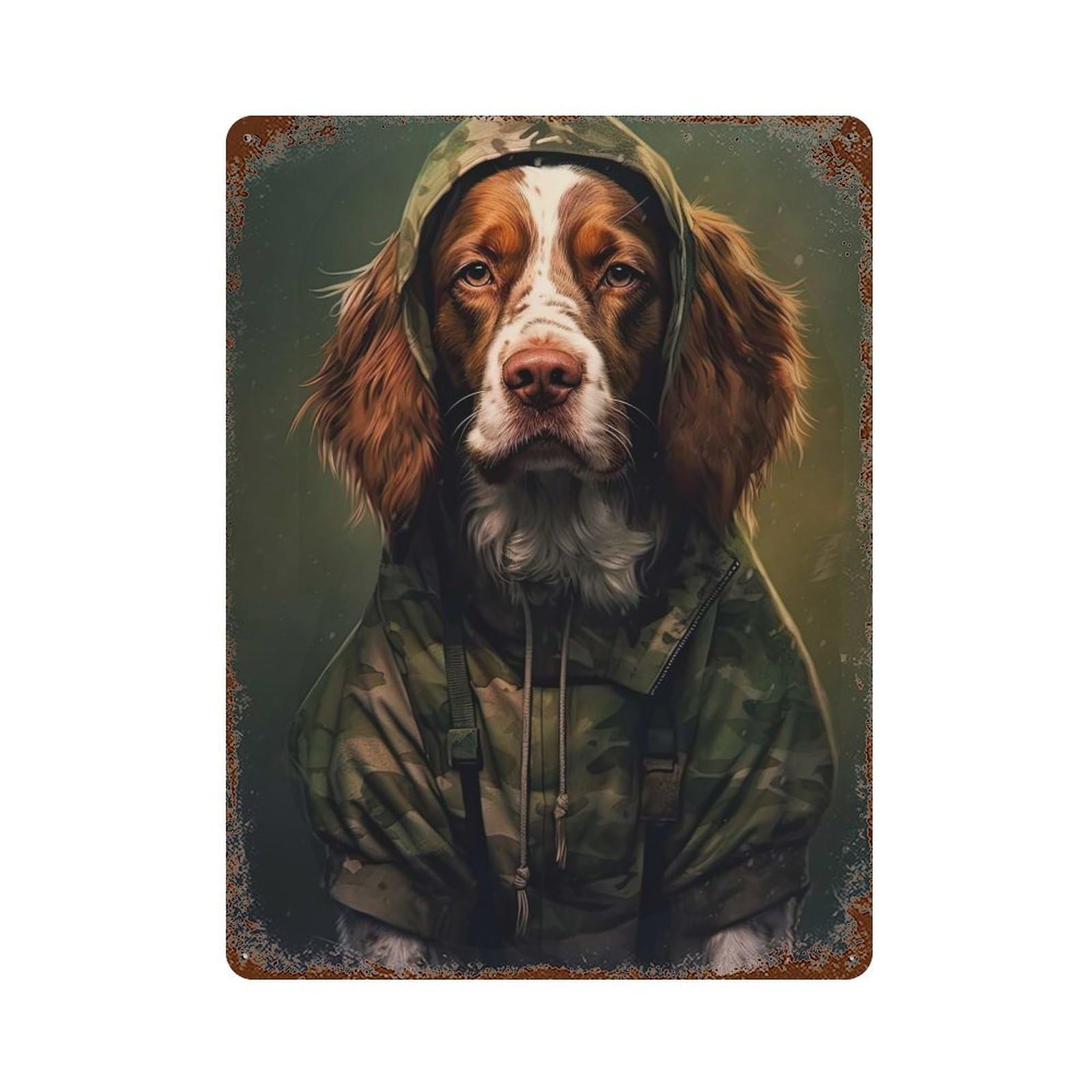 Brittany Spaniel Camo 15.7"x11.8" Rust Effect Tin Sign, Vintage Wall Decor for Farmhouse, Kitchen And Entryway Decor