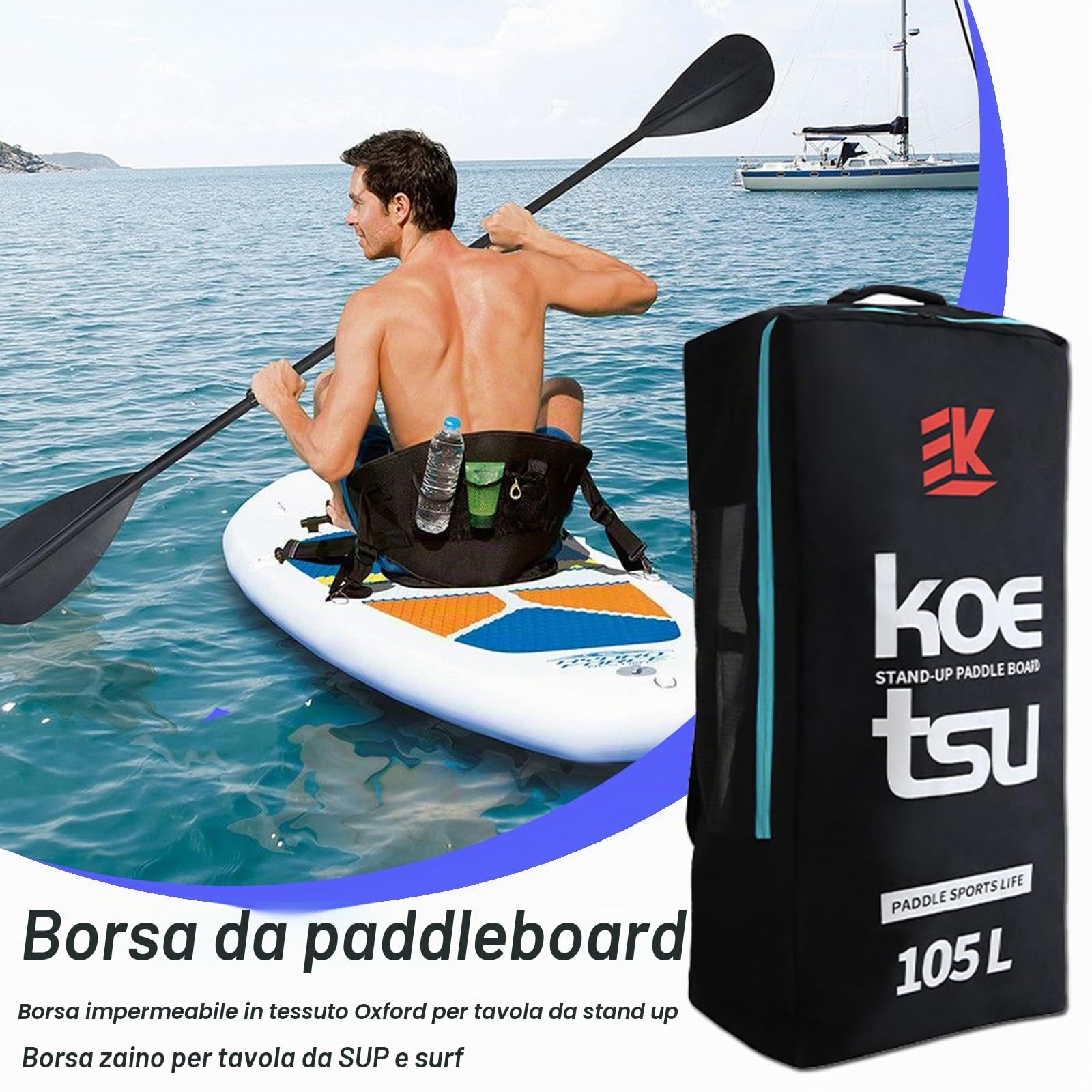 Borsa per tavola da paddle, 80 l/105 l, borsa per kayak gonfiabile, grande capacità, zaino per tavola da surf e sup, borsa impermeabile Oxford per barca in piedi
