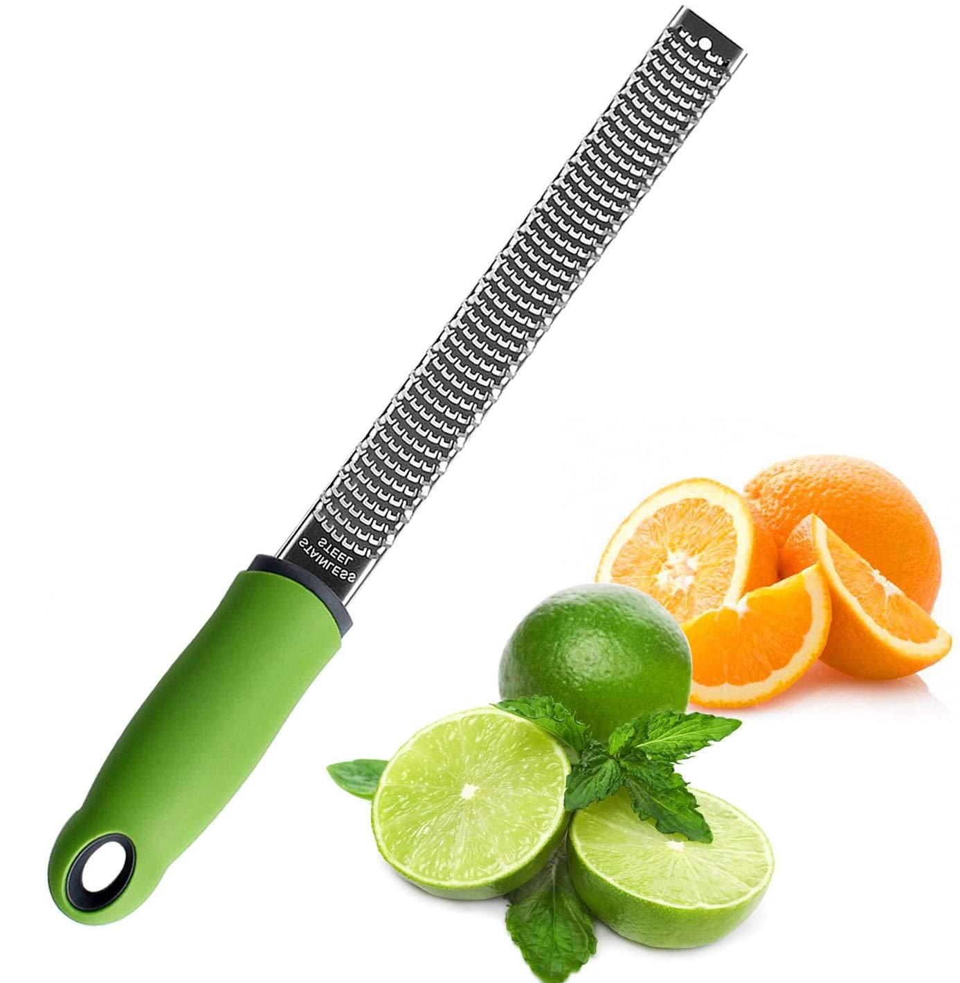 Citrus Lemon Zester & Cheese Grater - Parmesan Cheese, Lemon, Ginger, Garlic, Nutmeg, Vegetables, Fruits - Razor-sharp Stainless Steel Blade Protective Cover, Dishwasher Safe (Green)
