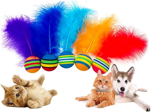 BIPY 10Pcs Cat Toy Balls with Feather Interactive EVA Foam Colorful Rainbow Kitten Toys Ball for Small Dogs Puppies Puppy Kitty Quiet Indoor Outdoor Play Activity Chase Training