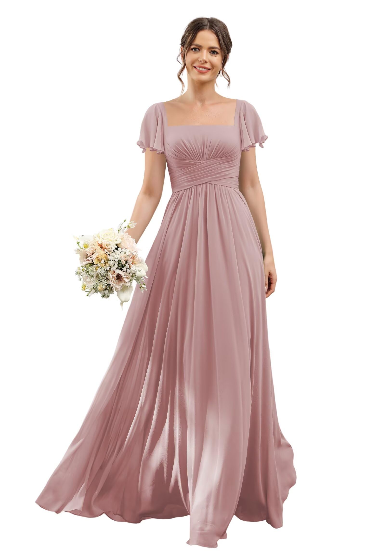 Chiffon Brautjungfernkleider Quadrat-Ausschnitt Lang A-Linie Formelles Abendkleid mit Tasche