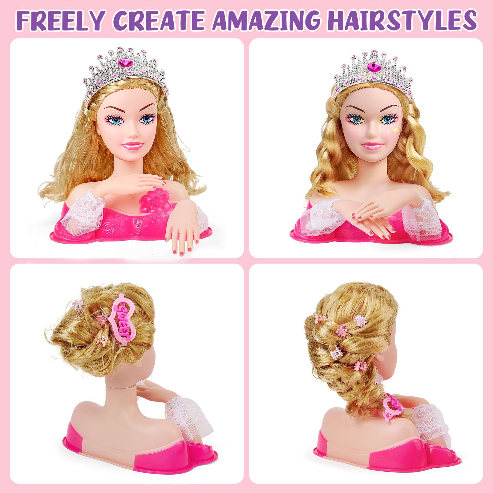 G.C Testa Bambola da Truccare e Pettinare Giocattoli Bambina 4 5 6 7 8 Anni con Asciugacapelli Smalto Pelabile Unghie Trucchi Corona Accessori per Capelli,Set Parrucchiera Bambina Regalo Compleanno