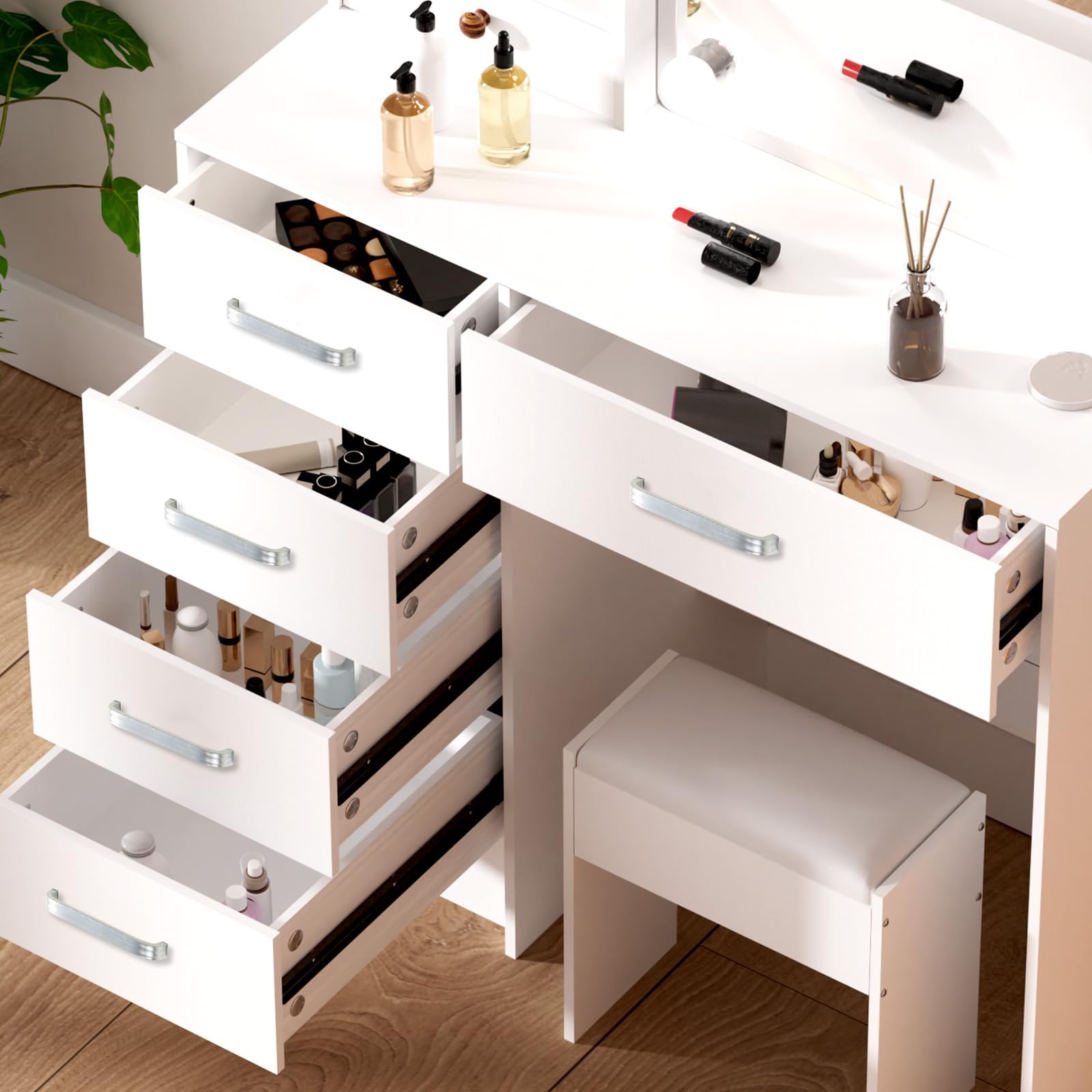 Saimeihome Make-uptafel met verlichting, kaptafel met spiegel en kruk, 3 kleurmodi, make-uptafel met 6 laden, 6 vakken voor slaapkamer, kinderkamer, 80 x 36 x 130 cm, wit Saimeihome Make-uptafel met verlichting, kaptafel met spiegel en kruk, 3 kleurmodi, make-uptafel met 6 laden, 6 vakken voor slaapkamer, kinderkamer, 80 x 36 x 130 cm, wit