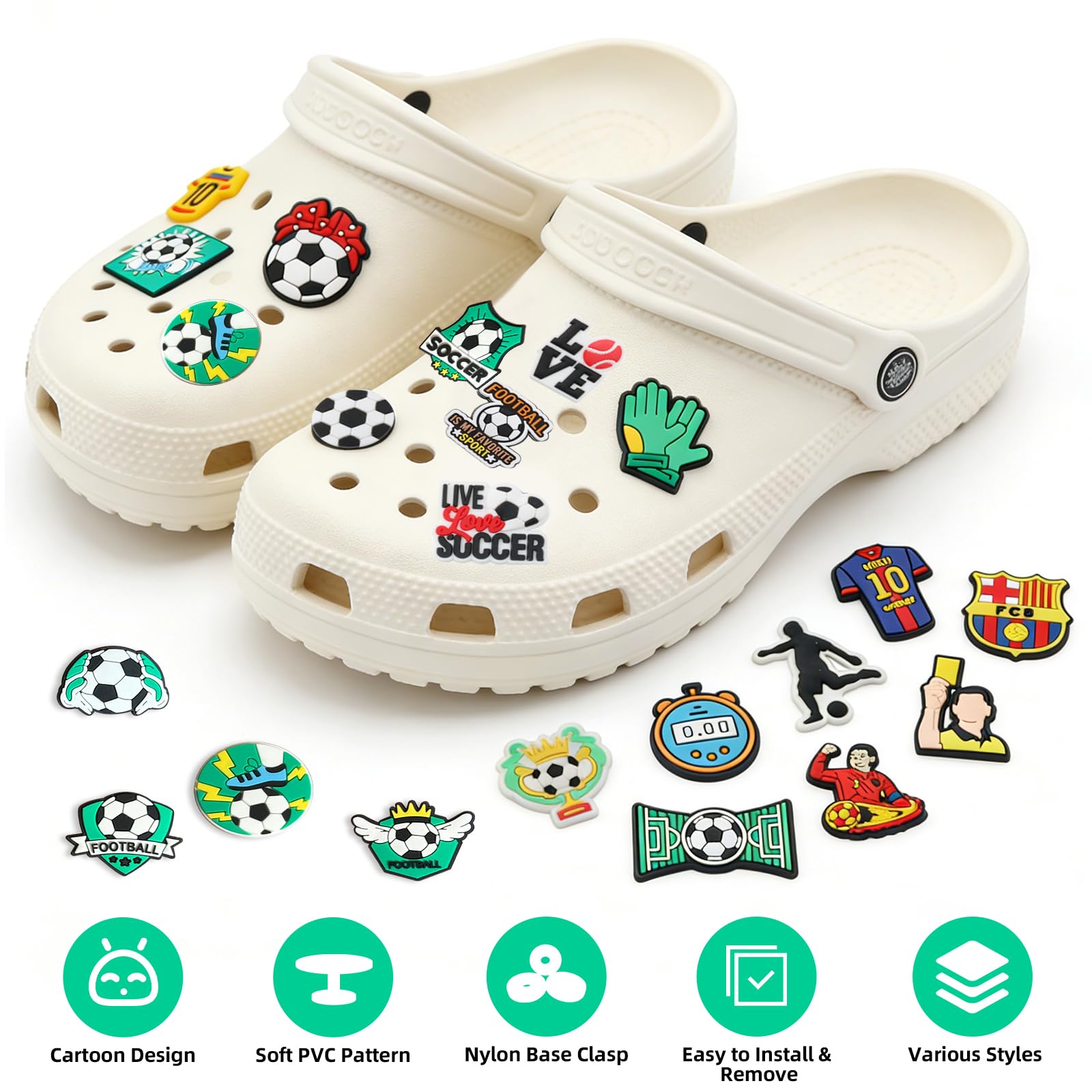 Juego de 42 colgantes para zuecos con tema de fútbol, estrella de fútbol de PVC desmontable, para Crocs, accesorios decorativos para zapatos, accesorios para niños, jóvenes, adultos, aficionados al