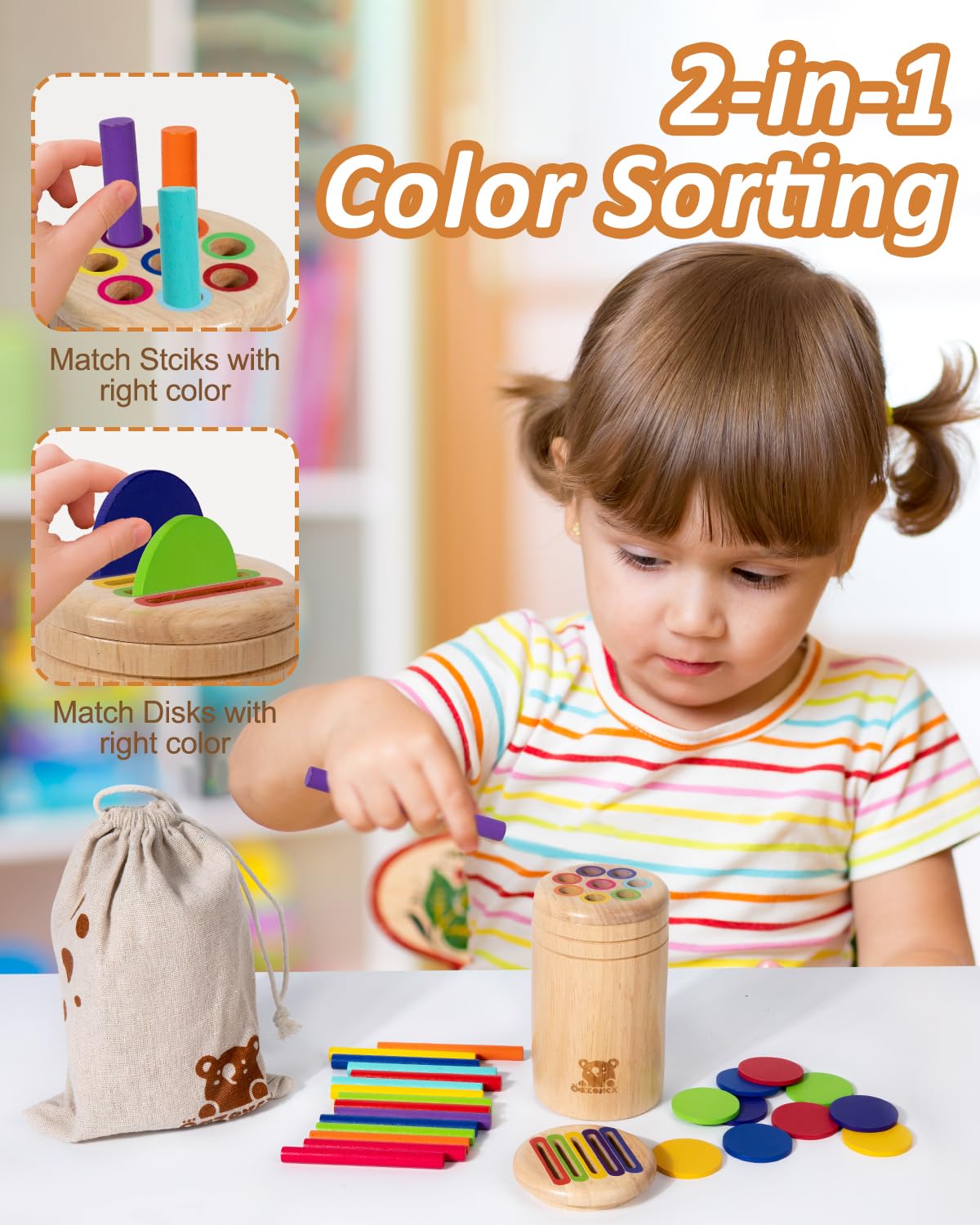 Juguetes de madera para clasificar colores para niños pequeños, caja de monedas de clasificación sensorial, juguetes para niños pequeños de 1 a 3 años, habilidades motoras finas y juegos a 2