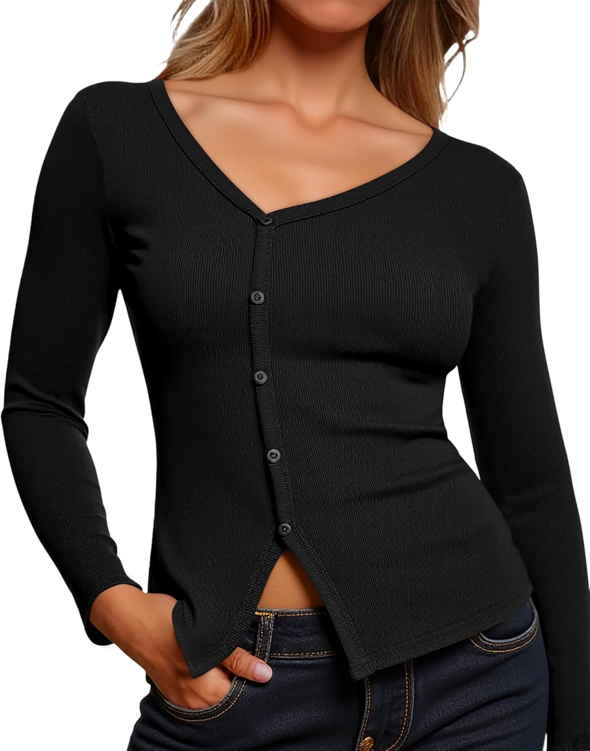 Yousify Long Sleeve Shirts for Women 2025 Fall V Neck Button Up Long Sleeve Ribbed Knit Slim Fit Going Out Tops