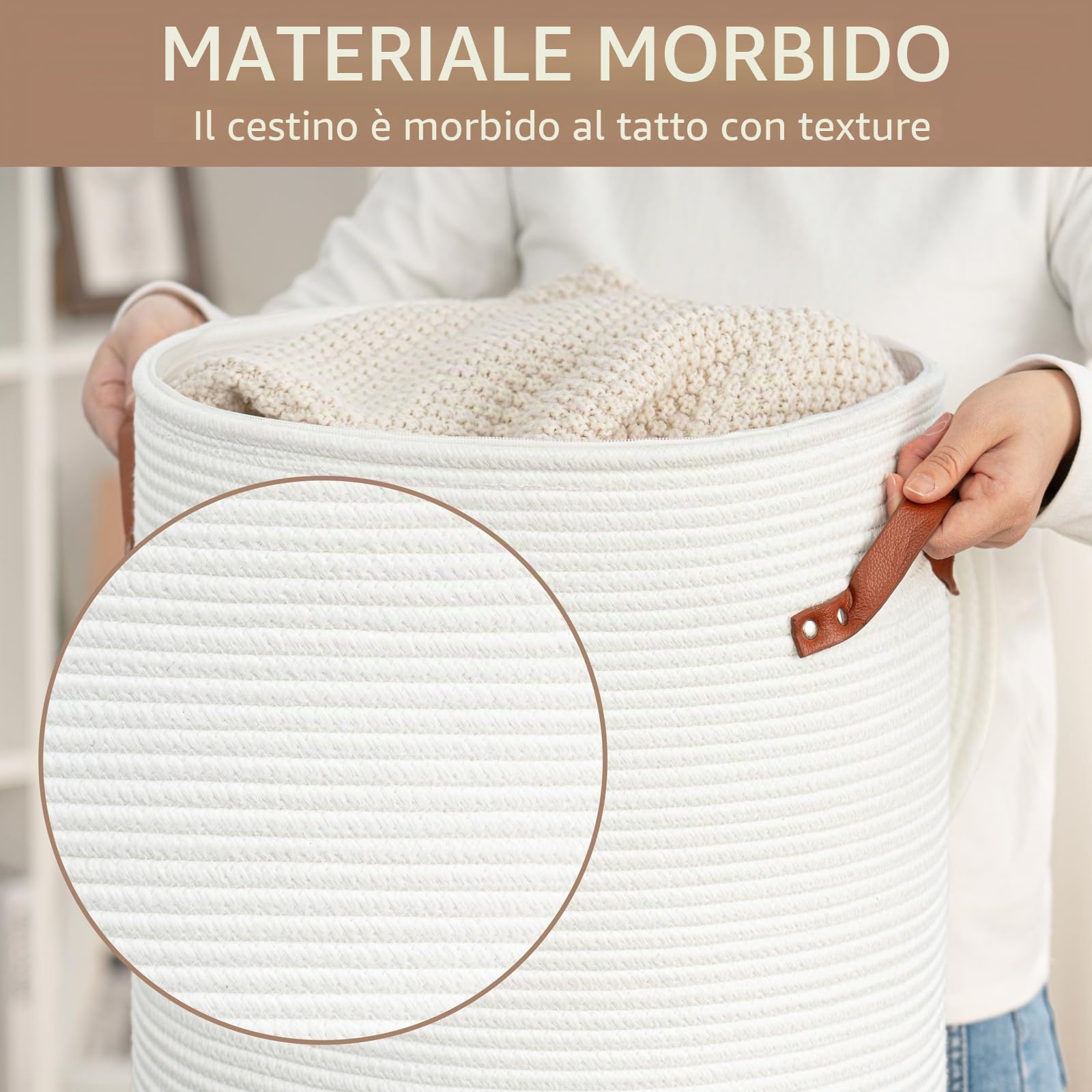 CHICVITA Cesto portabiancheria alto con coperchio, cesto portabiancheria bianco per asilo nido, cesto portaoggetti in corda di cotone per vestiti, coperte, giocattoli, portabiancheria, 38,1 x 50,8 cm