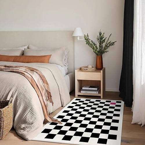 Miniatura 4 de Wonnitar Alfombra de área lavable a cuadros de 3 x 5 pulgadas, antideslizante en blanco y negro, alfombra pequeña y moderna de enrejado bohemio para