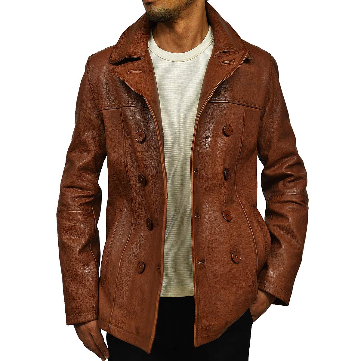Amazon | [ハルフ] 本革 ピーコート メンズ レザージャケット