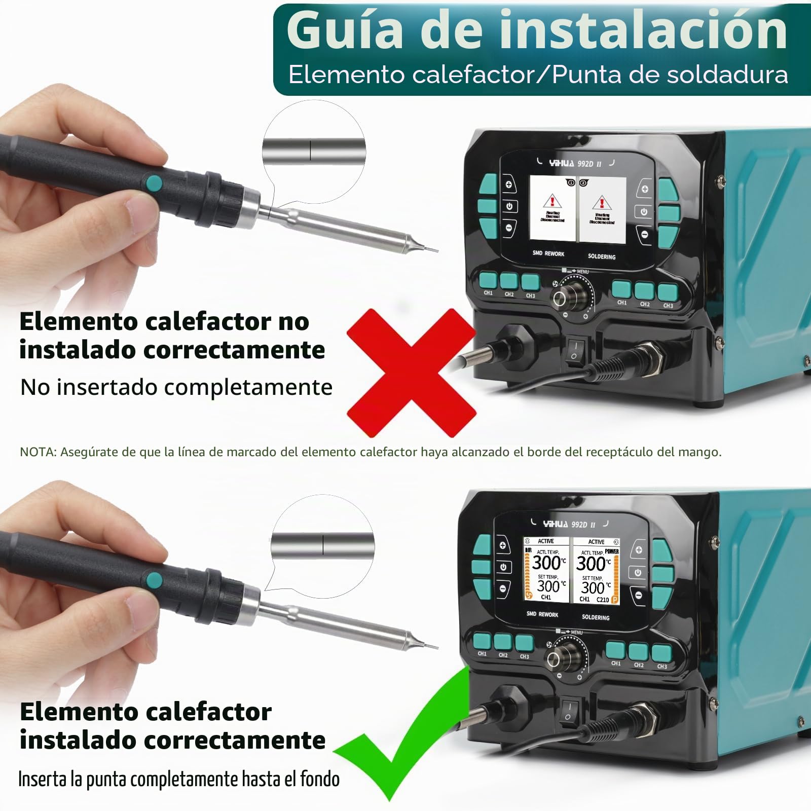 YIHUA 992D-II Kit de Soldador Estaño de precisión 2-EN-1 con lápiz de aire caliente y soldador de precisión C210 de Estacion de Soldadura, pantalla LCD dinámica, 8 boquillas de aire caliente